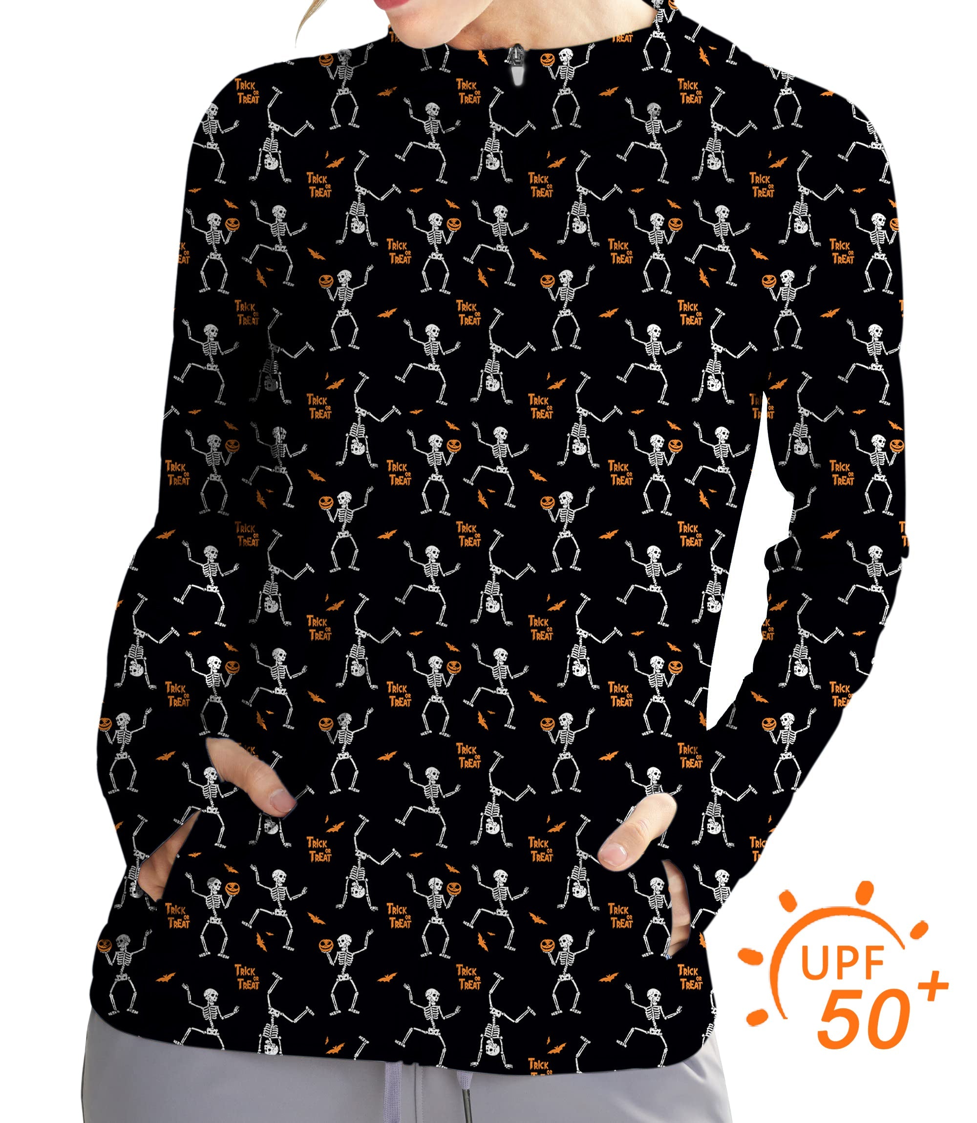Women's outdoor Halloween dancing skeletons slim fit hoodie with UPF 50+ sun protection