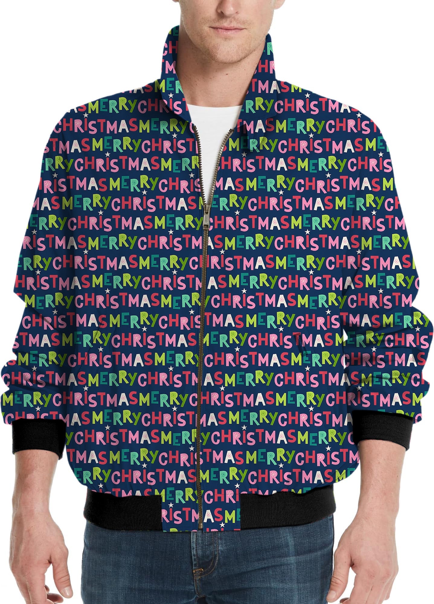 Men's Christmas golf windbreaker jacket with colorful "Merry Christmas" text pattern