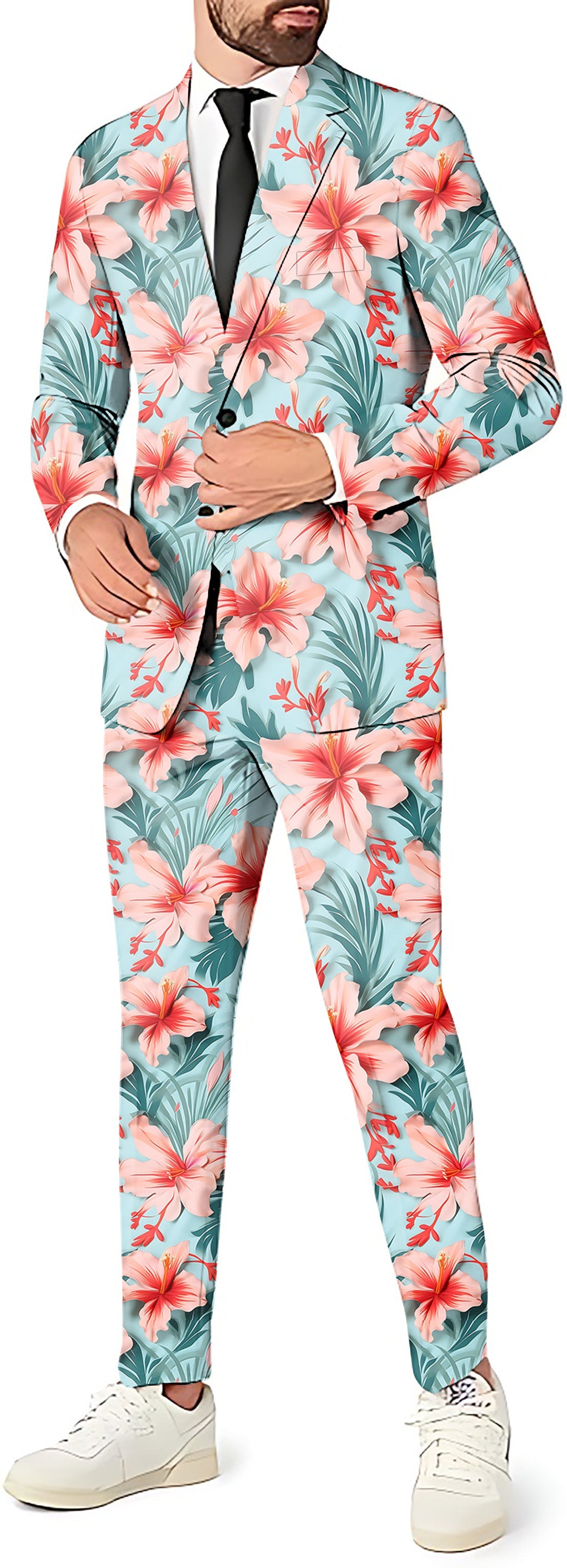Men's tropical floral blazer, vest, and pants party costume set