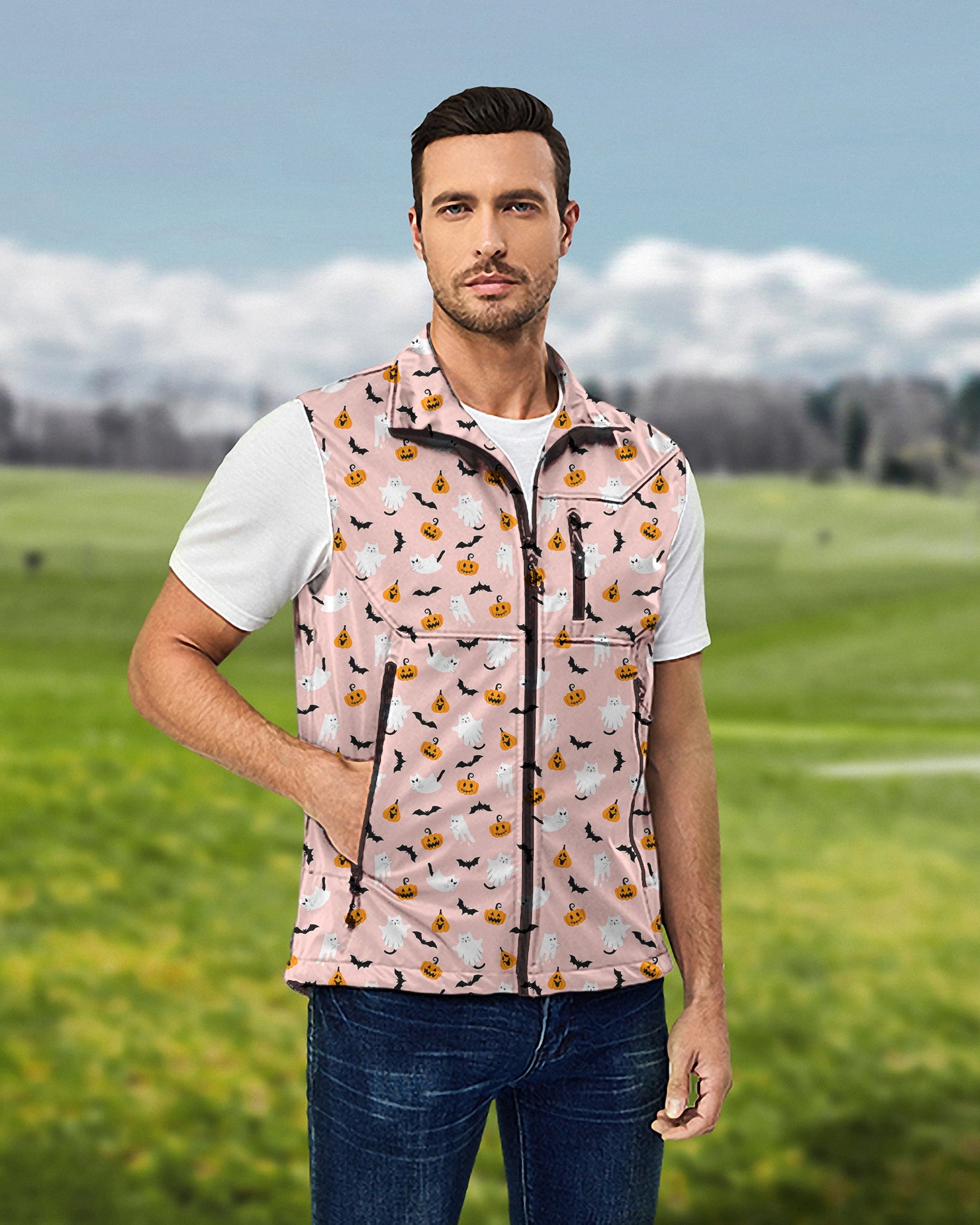 Men's Halloween Kawaii Ghost Pumpkin Lightweight Softshell Vest Sleeveless Jacket for Golf Windproof Waterproof