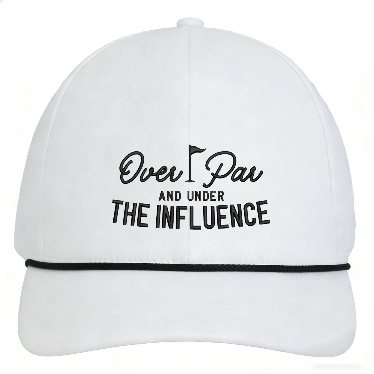 White embroidered vintage golf hat with "Over Par and Under The Influence" text and snapback adjustable fit