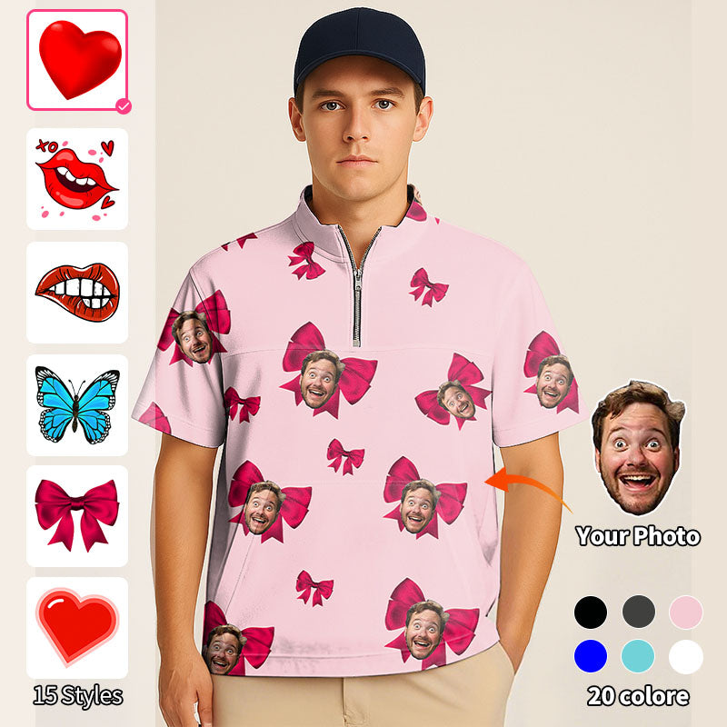 Valentine's Day Half Zipper Turtleneck Golf Short Shirt Custom Photo Face Custom Color Pink Love Embroidery