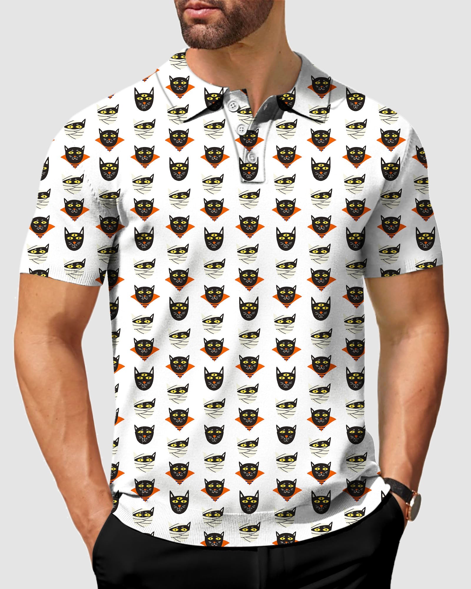 Men's Halloween Mummy Cat polo shirt with custom spooky cat print, four-way stretch, moisture-wicking fabric, and UPF 40+ sun protection
