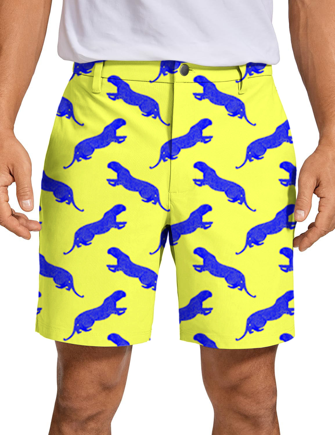 Men's blue leopard print golf shorts in bright yellow with quick dry fabric
