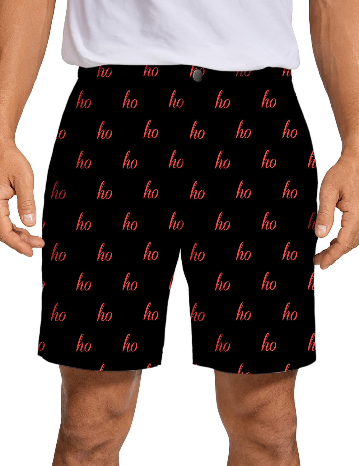 Men's black custom name Christmas golf shorts with red "ho" print, quick dry and breathable fabric.