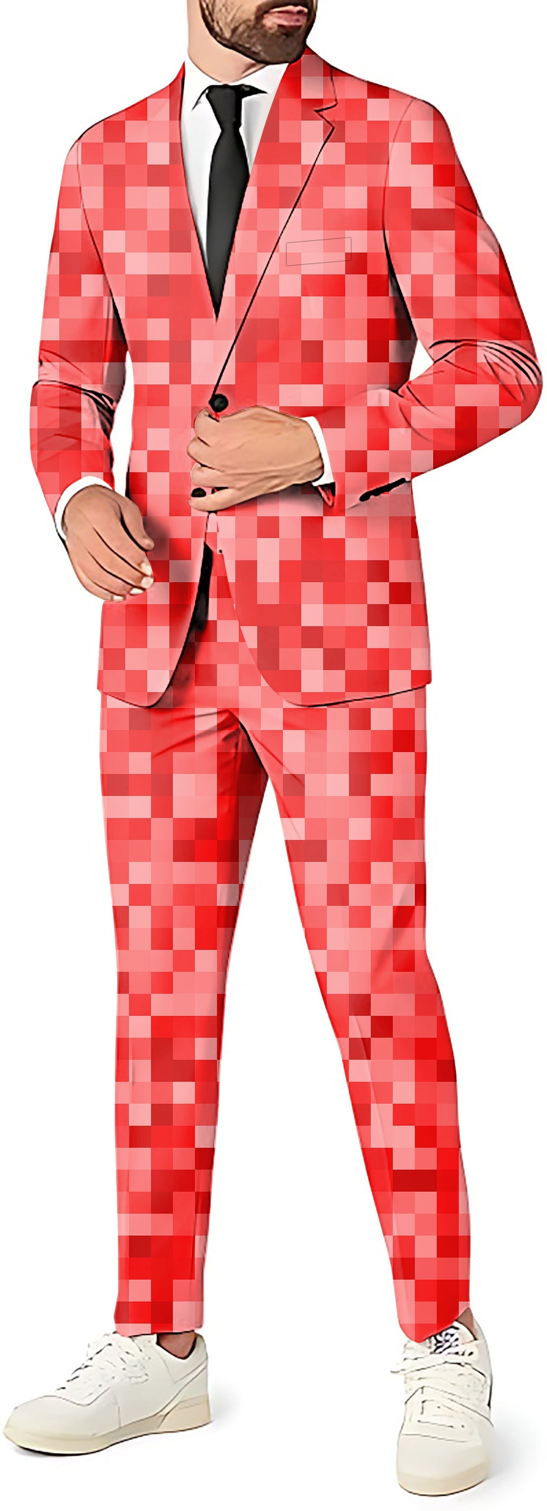 Red Pixel Big Men's Party Costume suit set with blazer, pants, and vest for themed parties