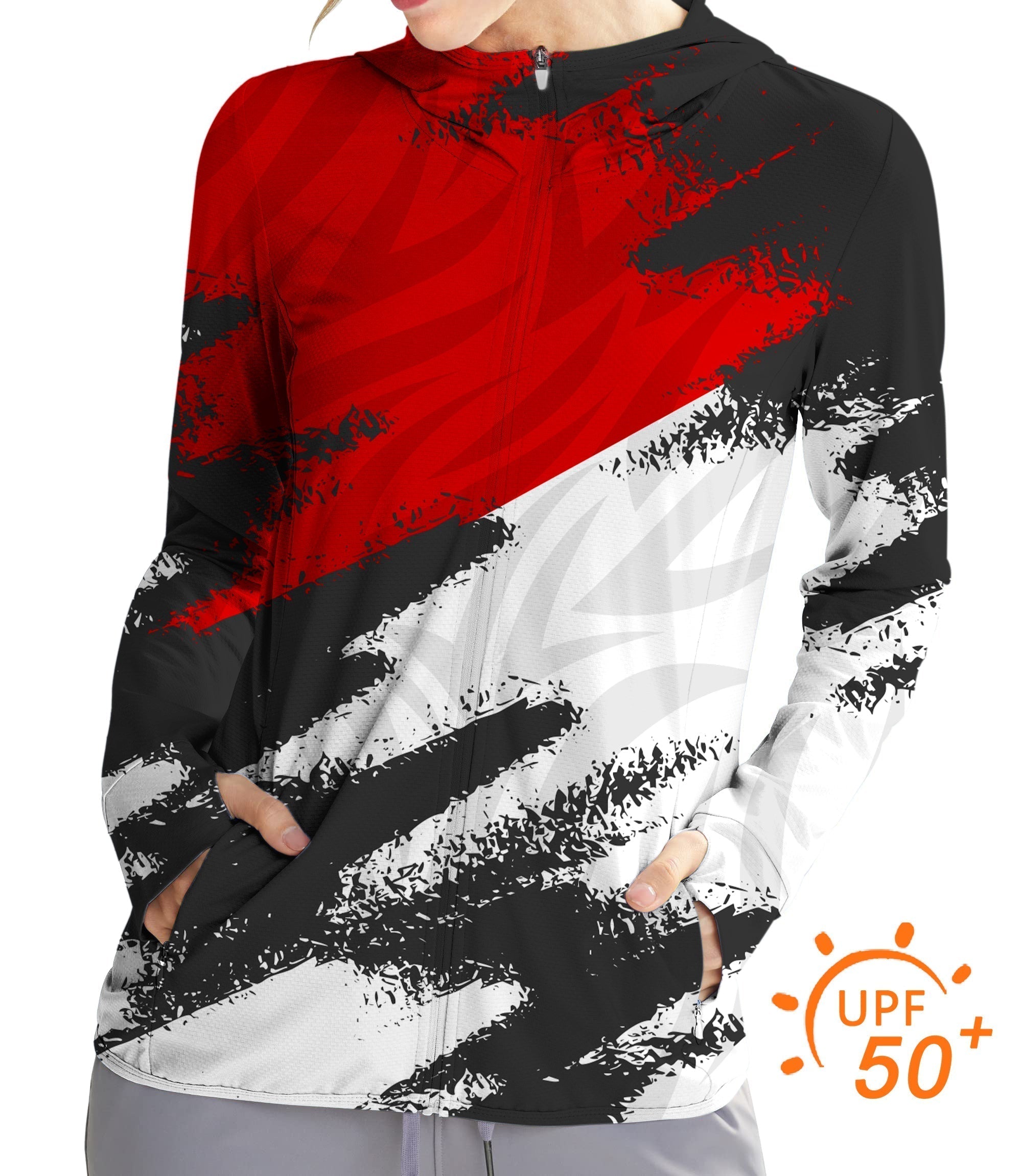 Women's outdoor red custom sport team slim fit zip hoodie with UPF 50+ sun protection and breathable fabric