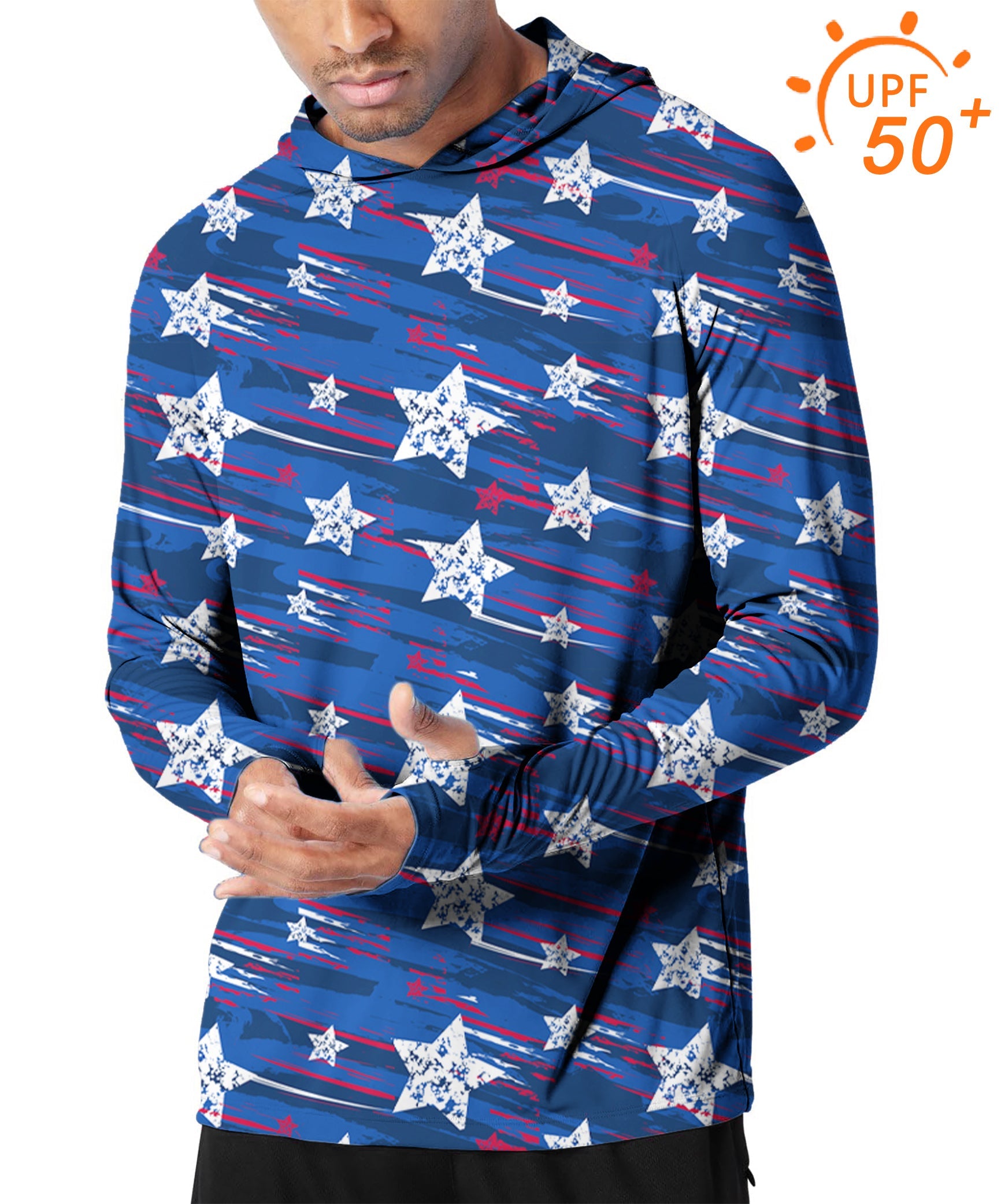 Men's outdoor slim fit hoodie with American star print and UPF 50+ sun protection
