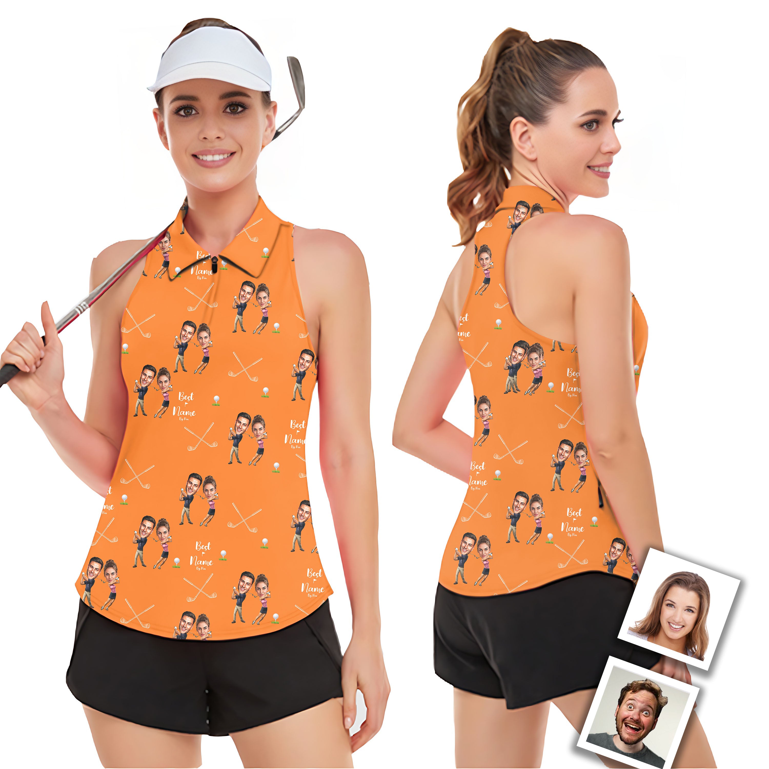 Custom Couple Photo Face & Name Women’s Sleeveless Golf Tank Top Shirt Polo
