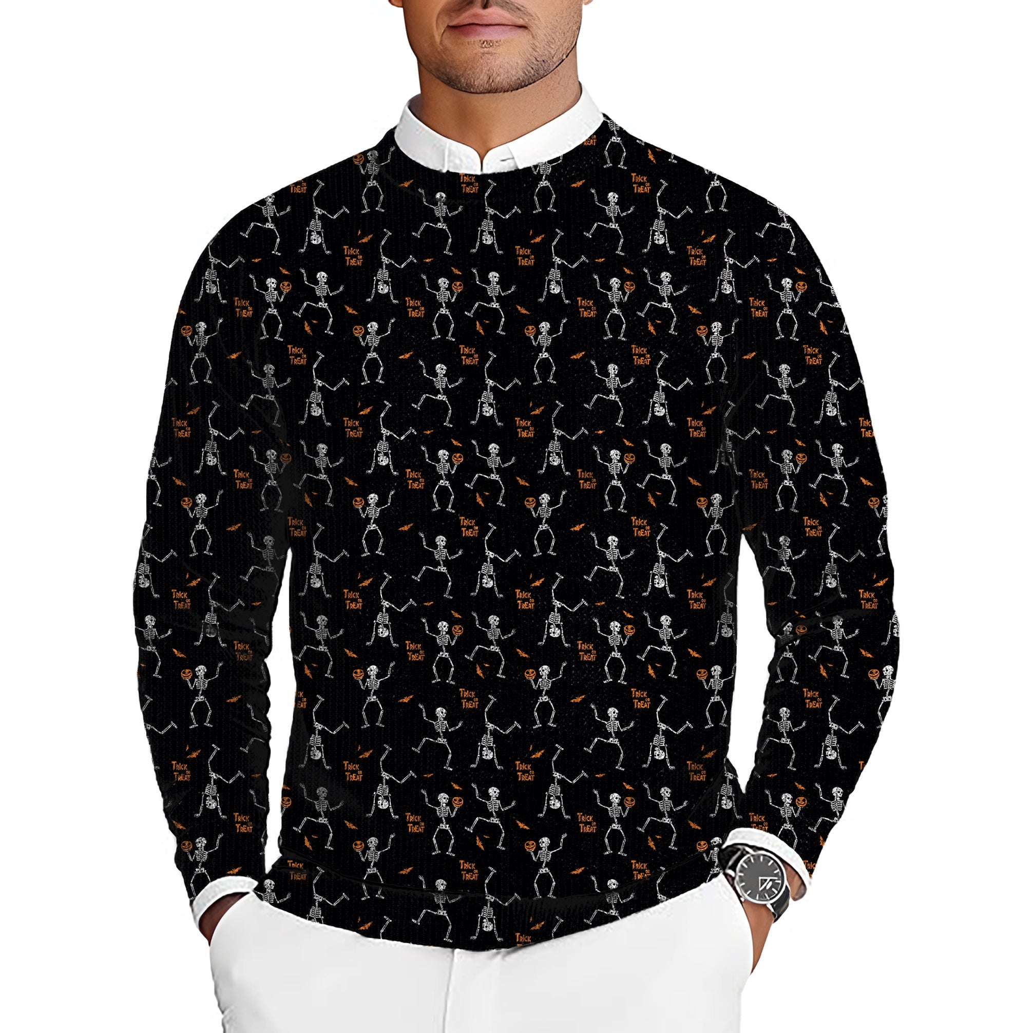 Men's Halloween Dancing Skeletons golf crewneck pullover sweater with dancing skeletons pattern