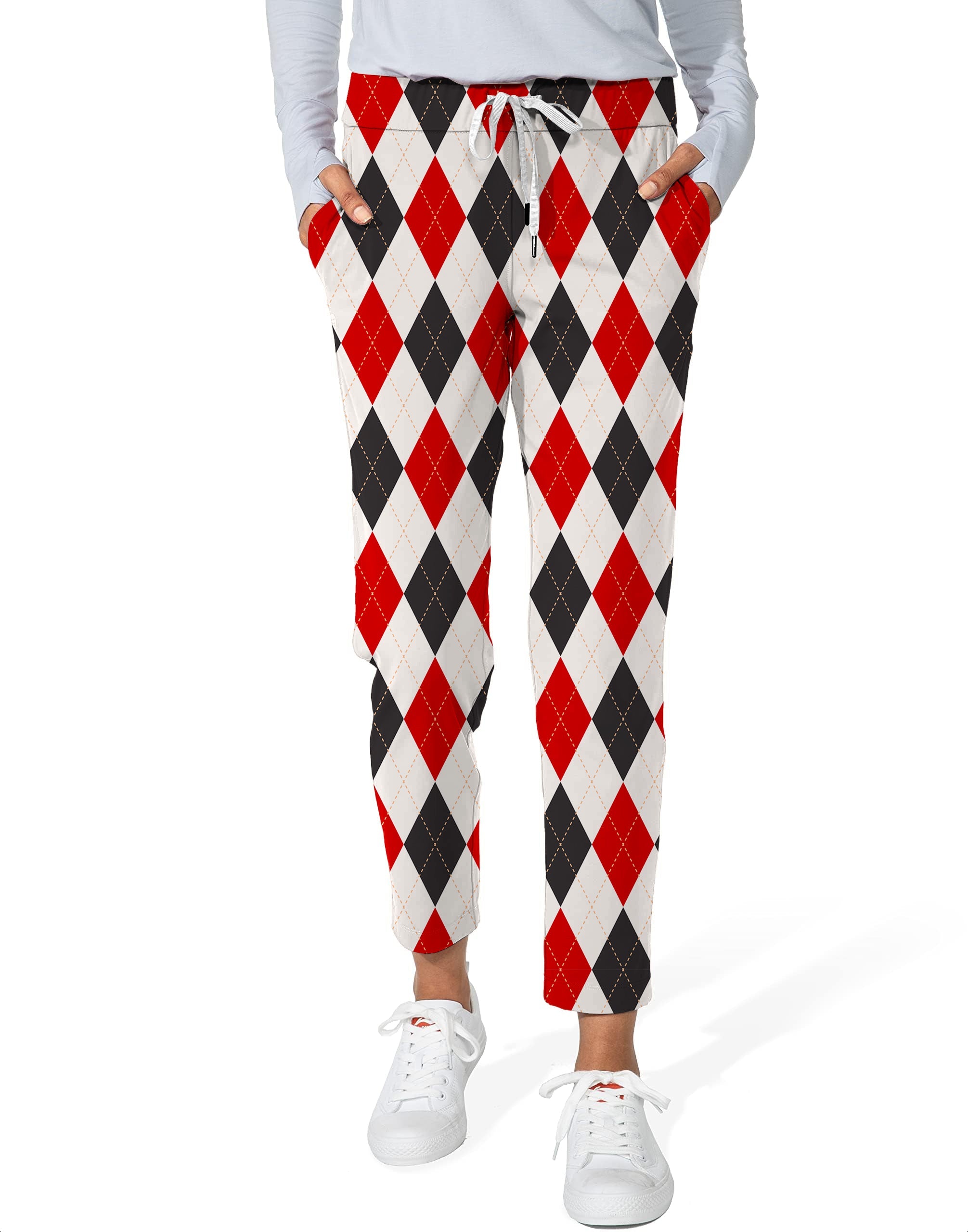 Women's Argyle Red black 7/8 stretch ankle golf pants with drawstring and pockets