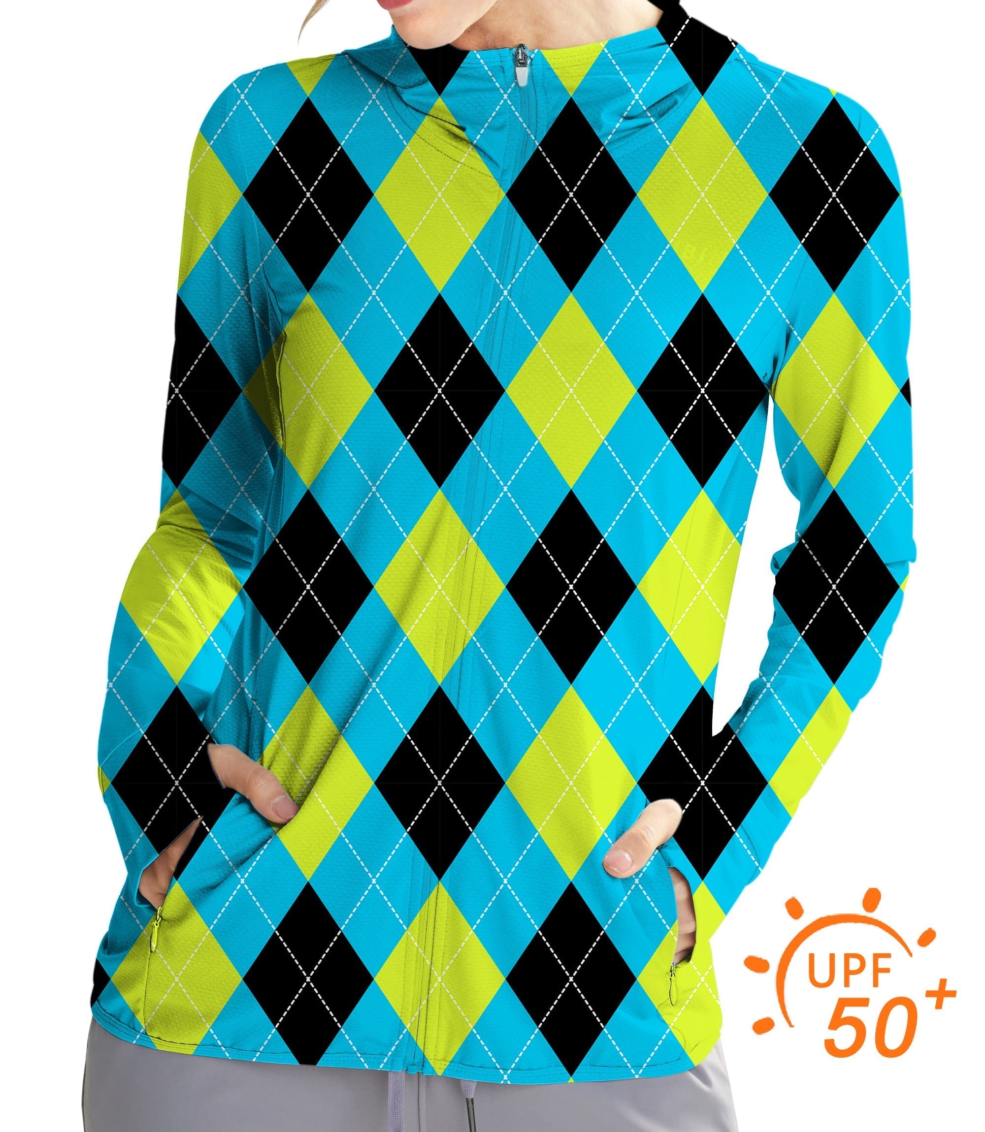 Women's Outdoor Halloween argyle zip hoodie with UPF 50+ sun protection, slim fit, breathable moisture-wicking fabric in black, green, blue, and white