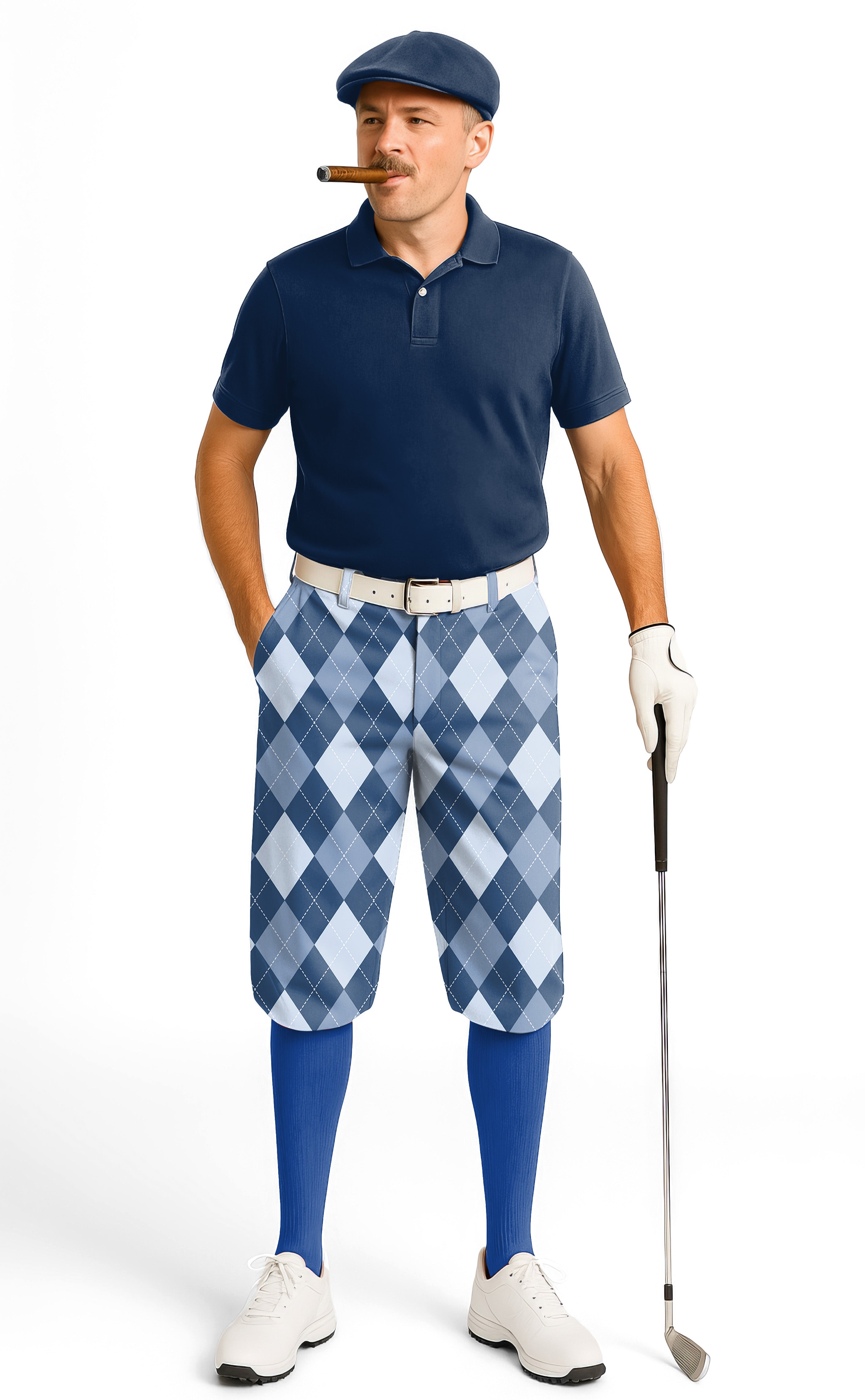 man wearing blue Argyle-Men's golf knickers pants with navy shirt and golf glove holding golf club