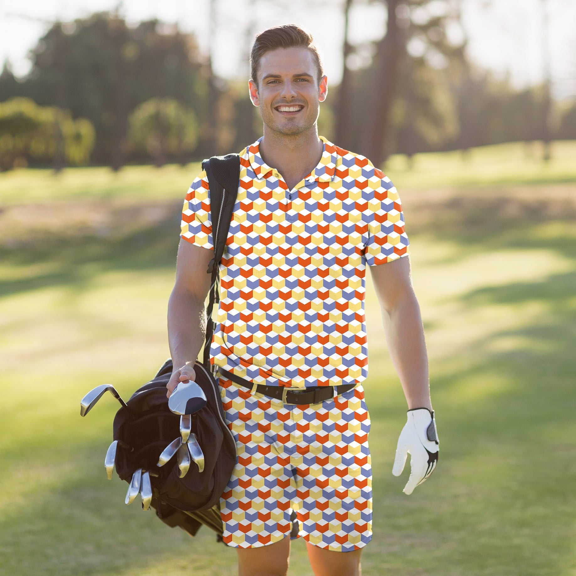Men's Golf Set colorful 3D square pattern polo and shorts on golfer carrying golf bag outdoors