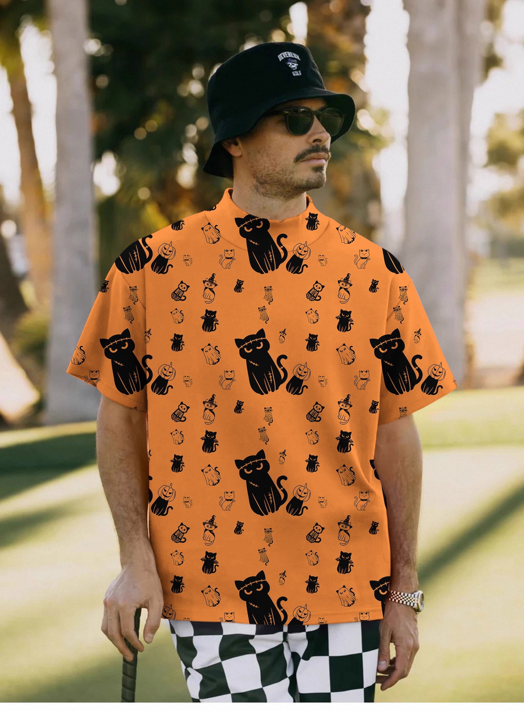 Men's Halloween cute cat pullover T-shirt with black cat print on orange background, short sleeves, high neck.