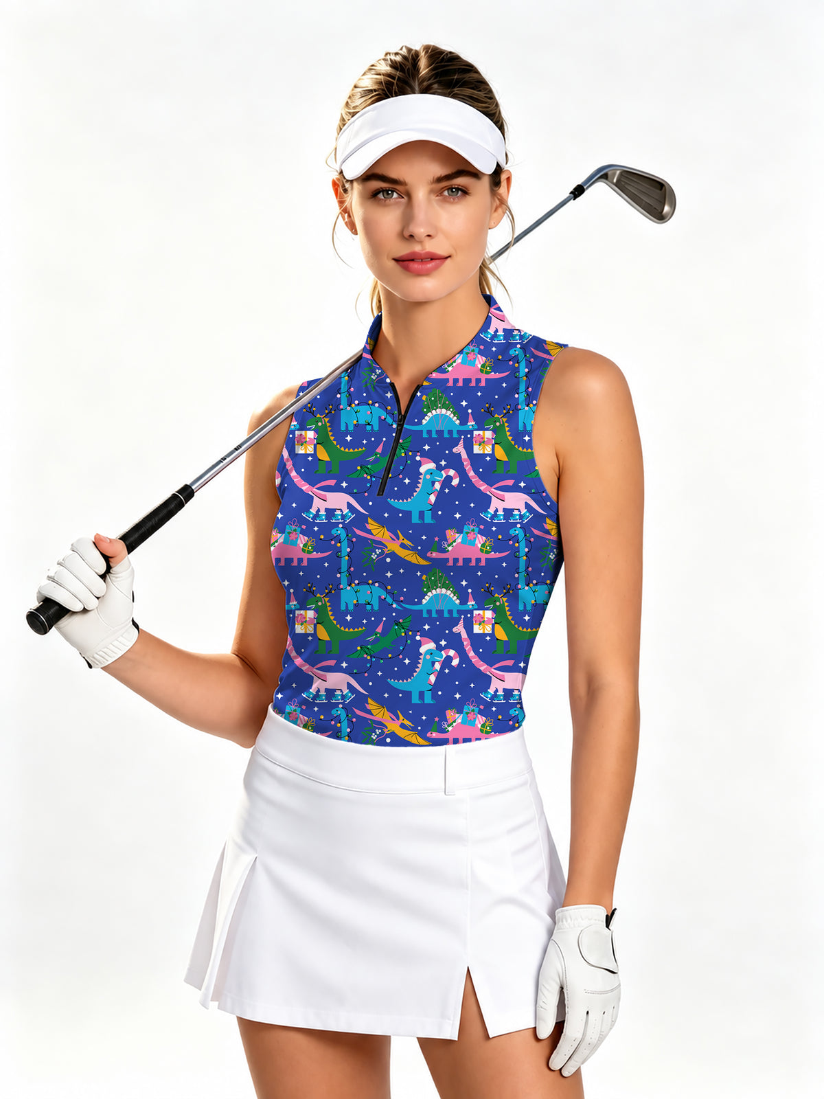 Christmas Dinosaur Women's Golf Long Sleeve Zipper Dresses Comes with separate matching shorts