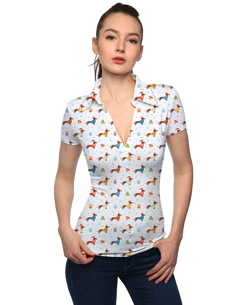 Woman wearing Women's Christmas Dachshund colorful V neck golf polo shirt with festive dachshund print