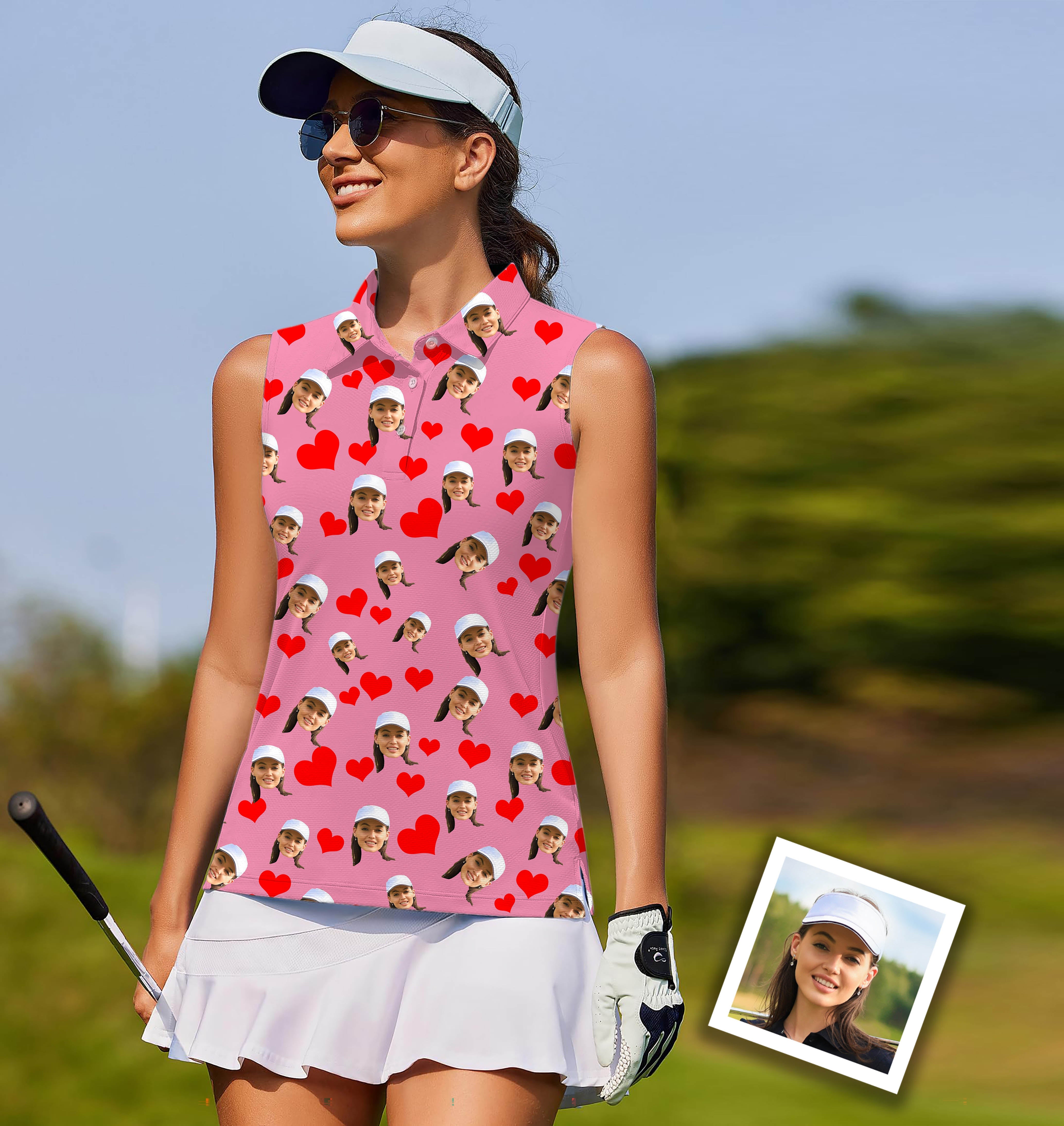 Custom red heart photo women's sleeveless golf shirt with funny face design