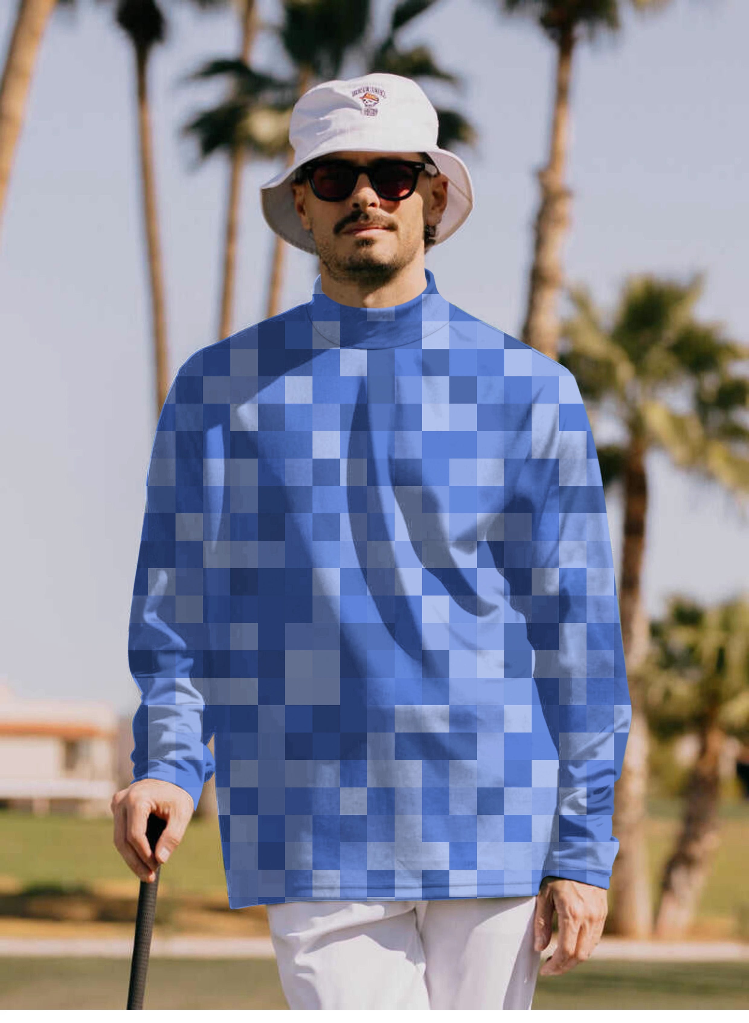 Men's navy blue pixel pattern pullover high neck long sleeve t-shirt on male model outdoors