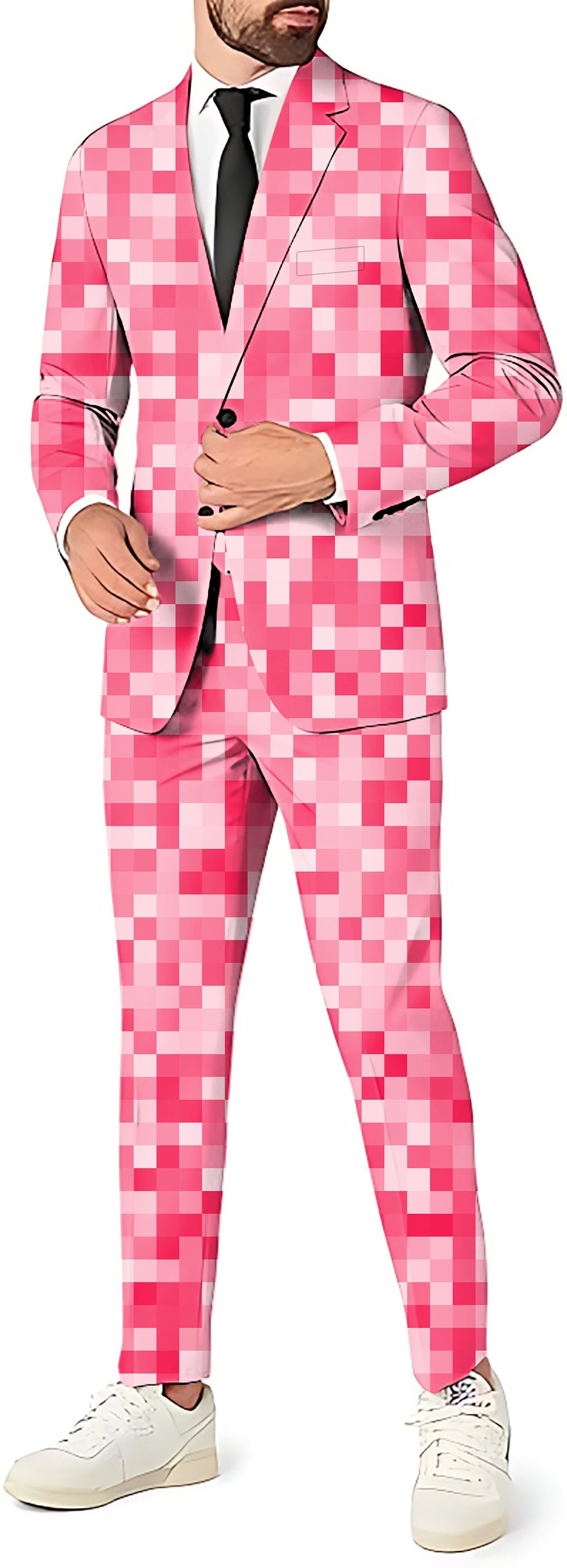 Light red pixel pattern men's party suit with blazer, pants, and vest for themed events