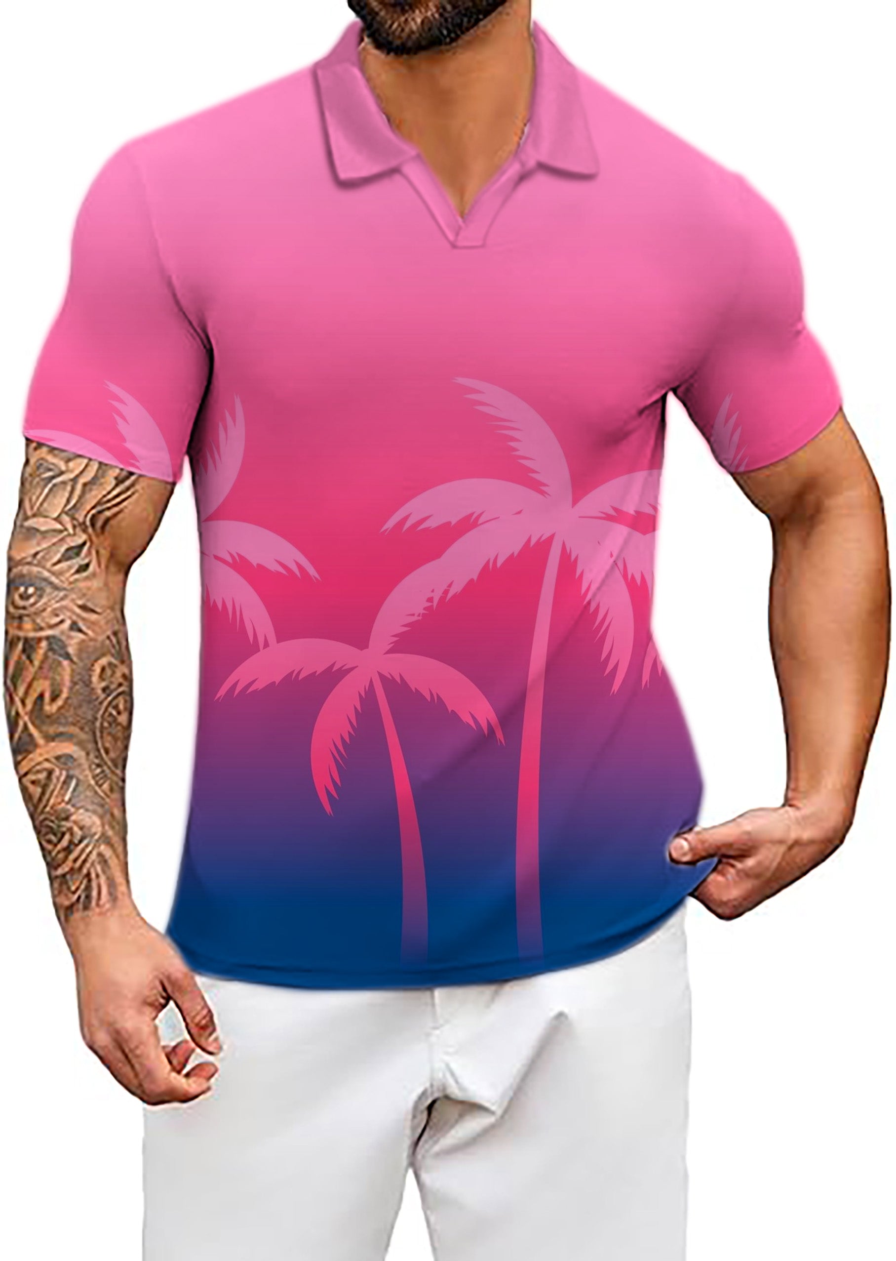 Men's Pink Palm Paradise V Neck Golf Polo Shirts