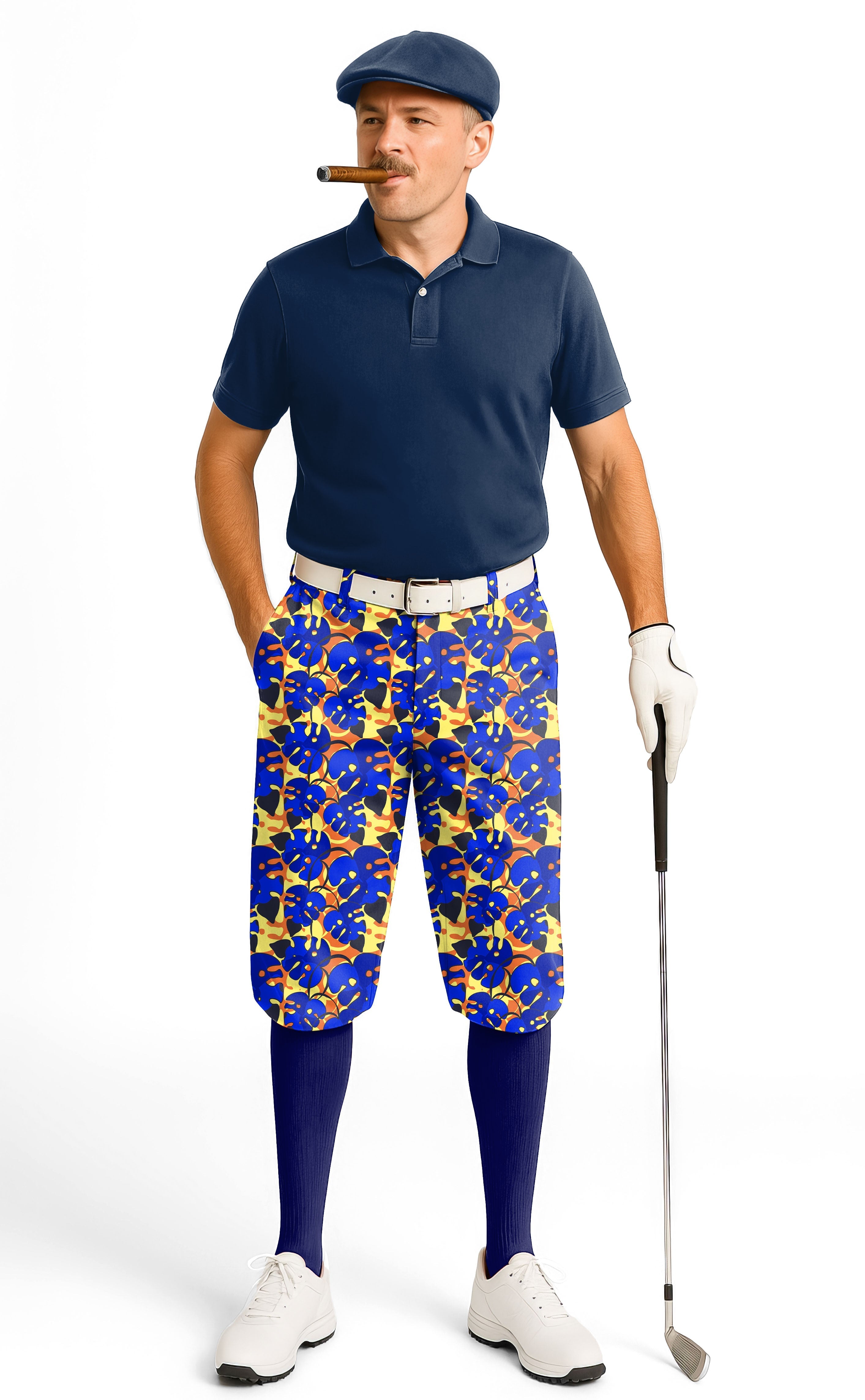 Men's golf knickers with tropical leaves and plants design, lightweight and breathable for summer golf.