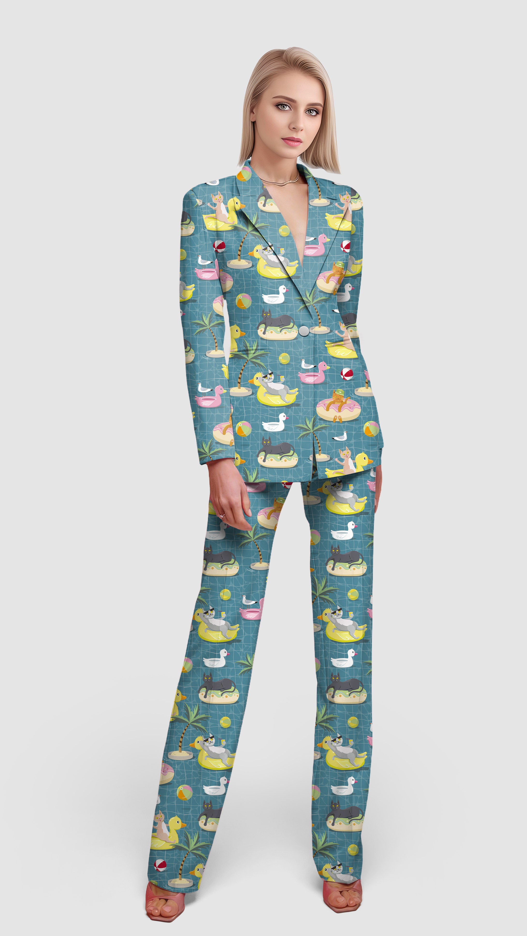 Cats in the Pool-Women's Blazer Casual Work Office Blazer Suit set