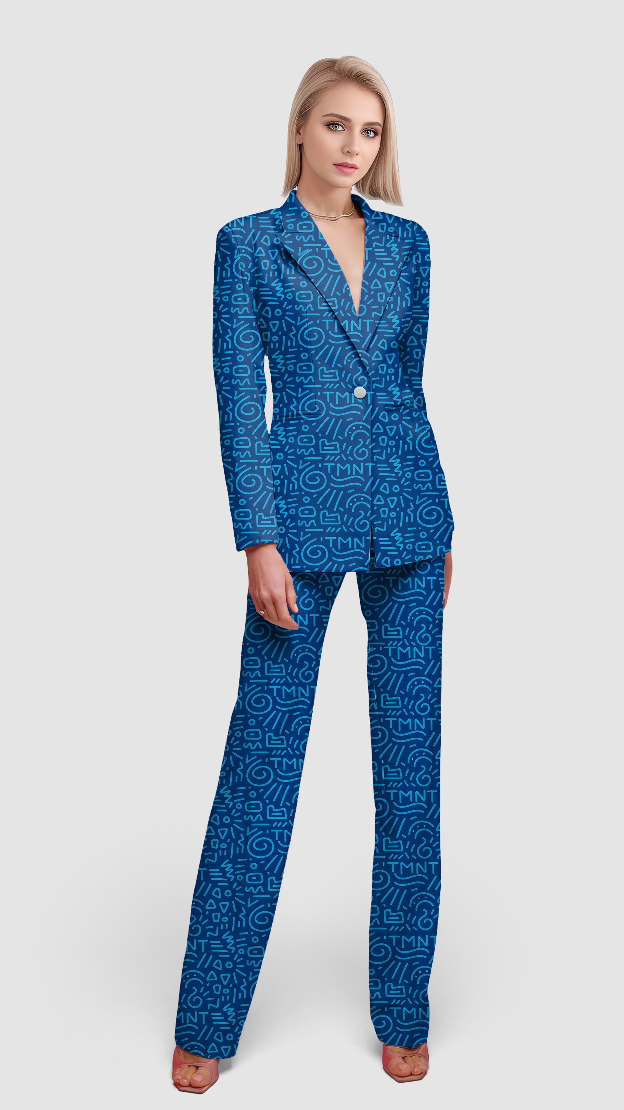 Blue Doodle women¡¯s blazer suit set with lapel collar and single button closure, featuring casual office wear design with doodle pattern.