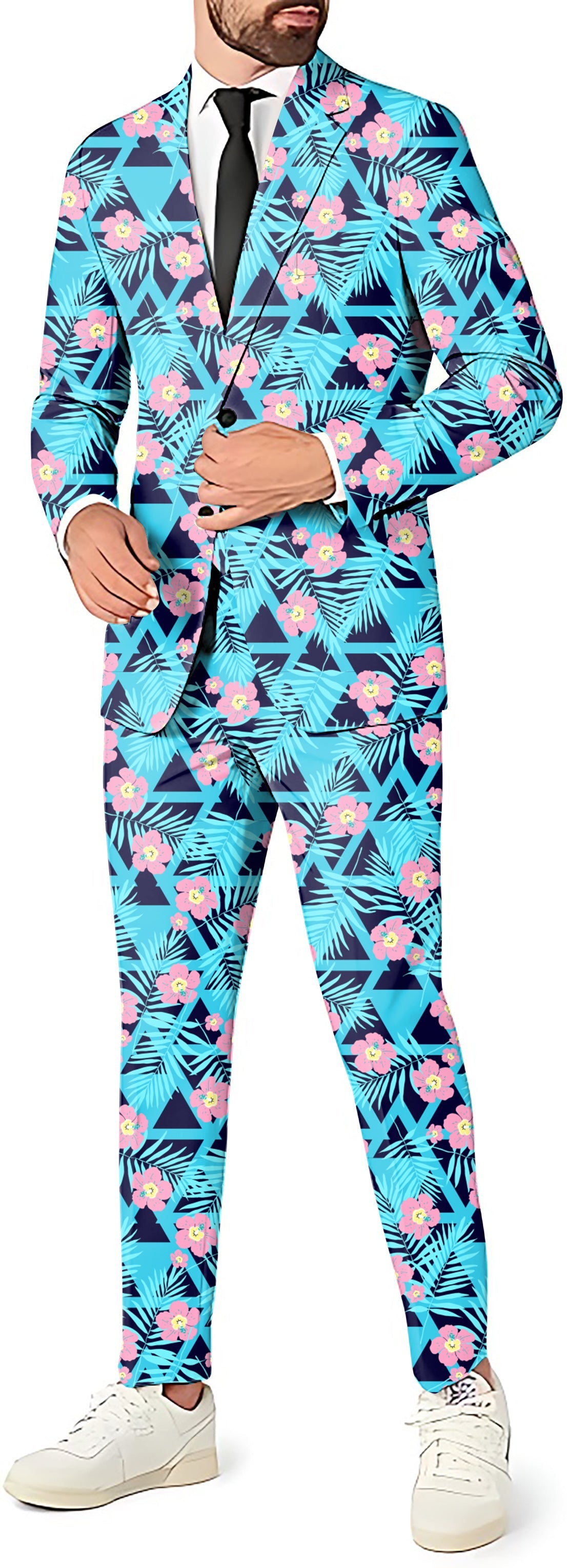 Tropical Bloom Men's vibrant floral blazer, pants, and vest party suit set with slim fit and modern tailored cut