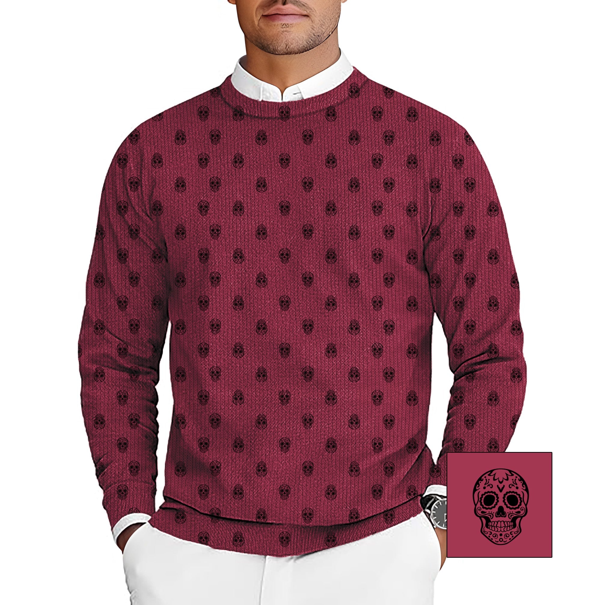 Men's Skull Custom maroon golf crewneck pullover sweater with black skull pattern