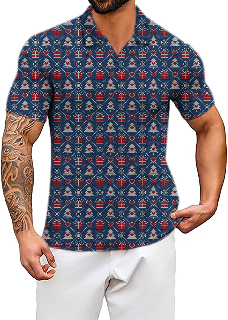 Men's Coconut Palm Navy Blue Ink Dots short sleeve shirt with Christmas pattern and classic fit