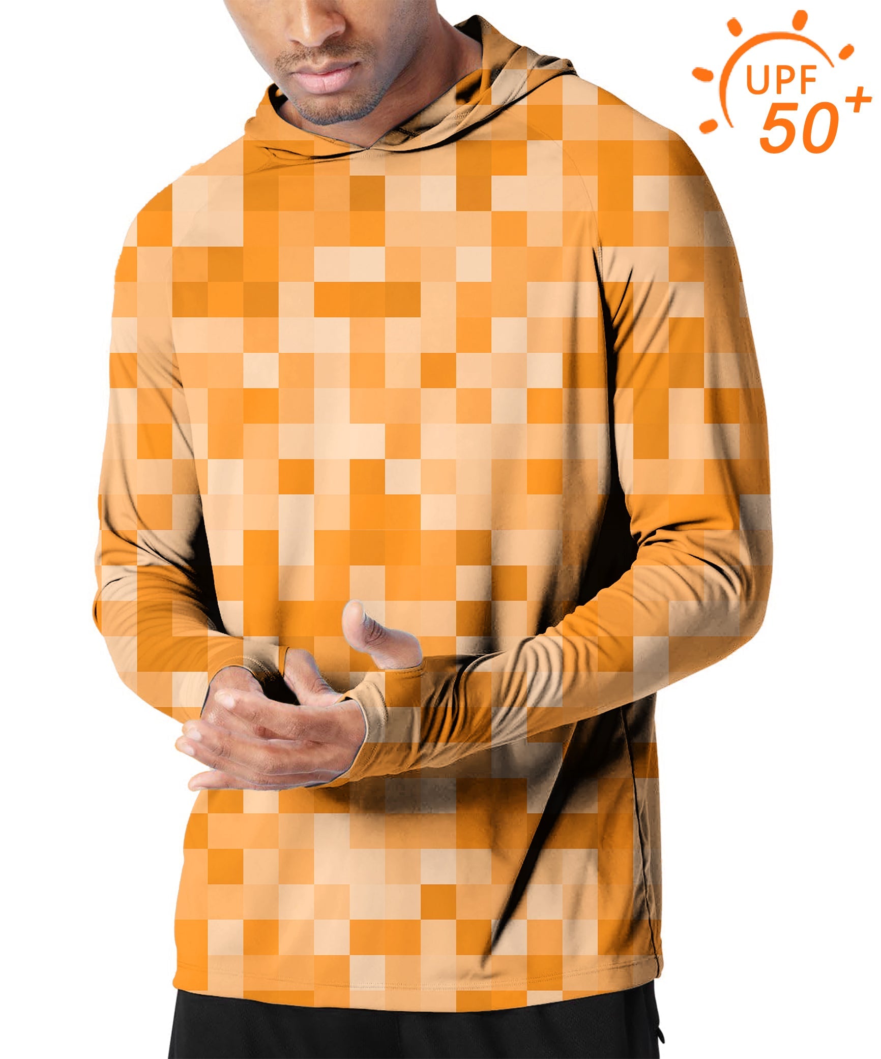 Men's outdoor slim fit hoodie with orange pixel print and UPF 50+ sun protection