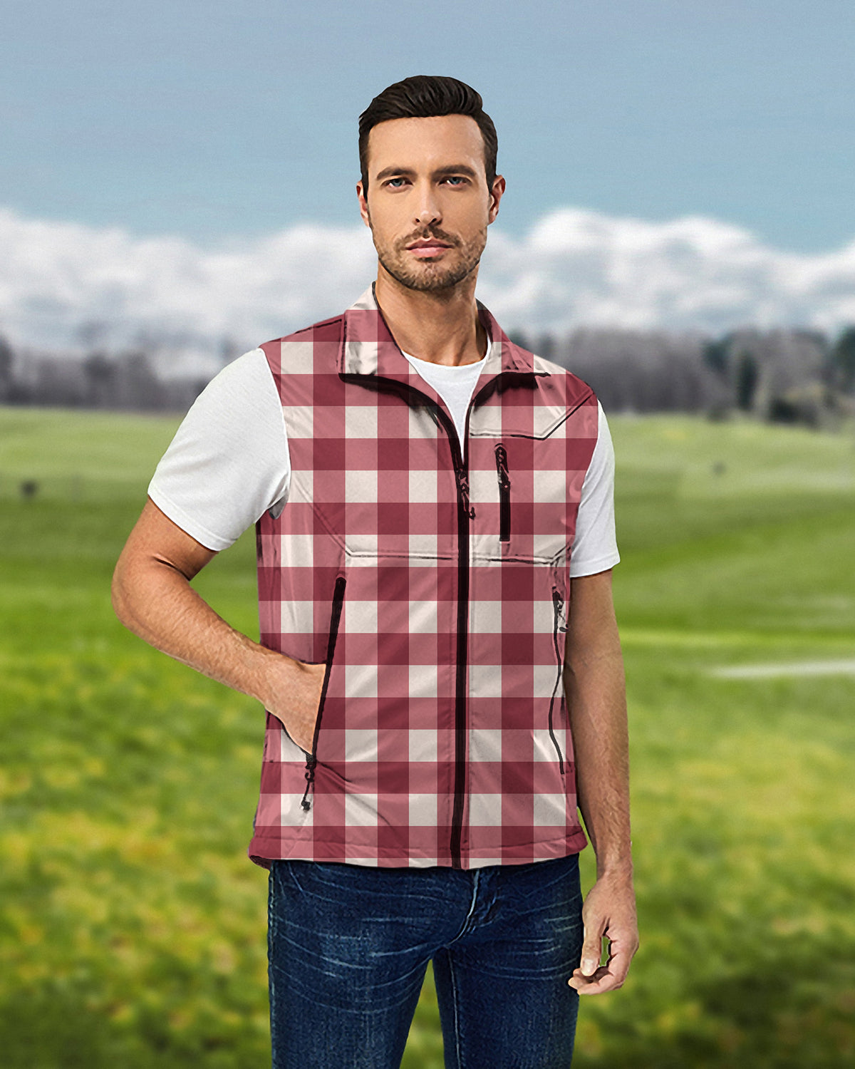 Men's Christmas red checkerboard Lightweight Softshell Vest Sleeveless Jacket for Golf Windproof Waterproof