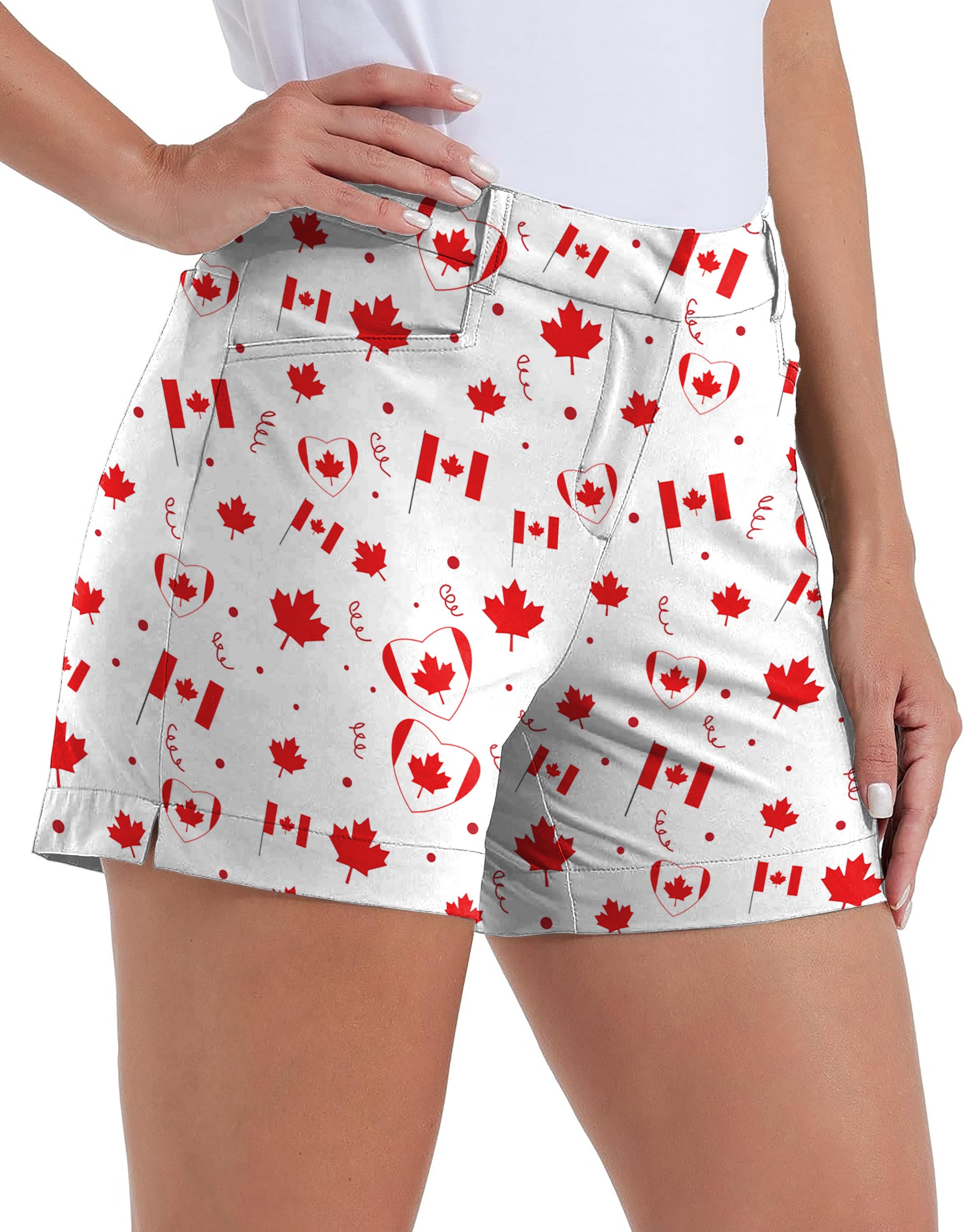 Women's quick-drying golf shorts with Canadian patriotic flag print and pockets