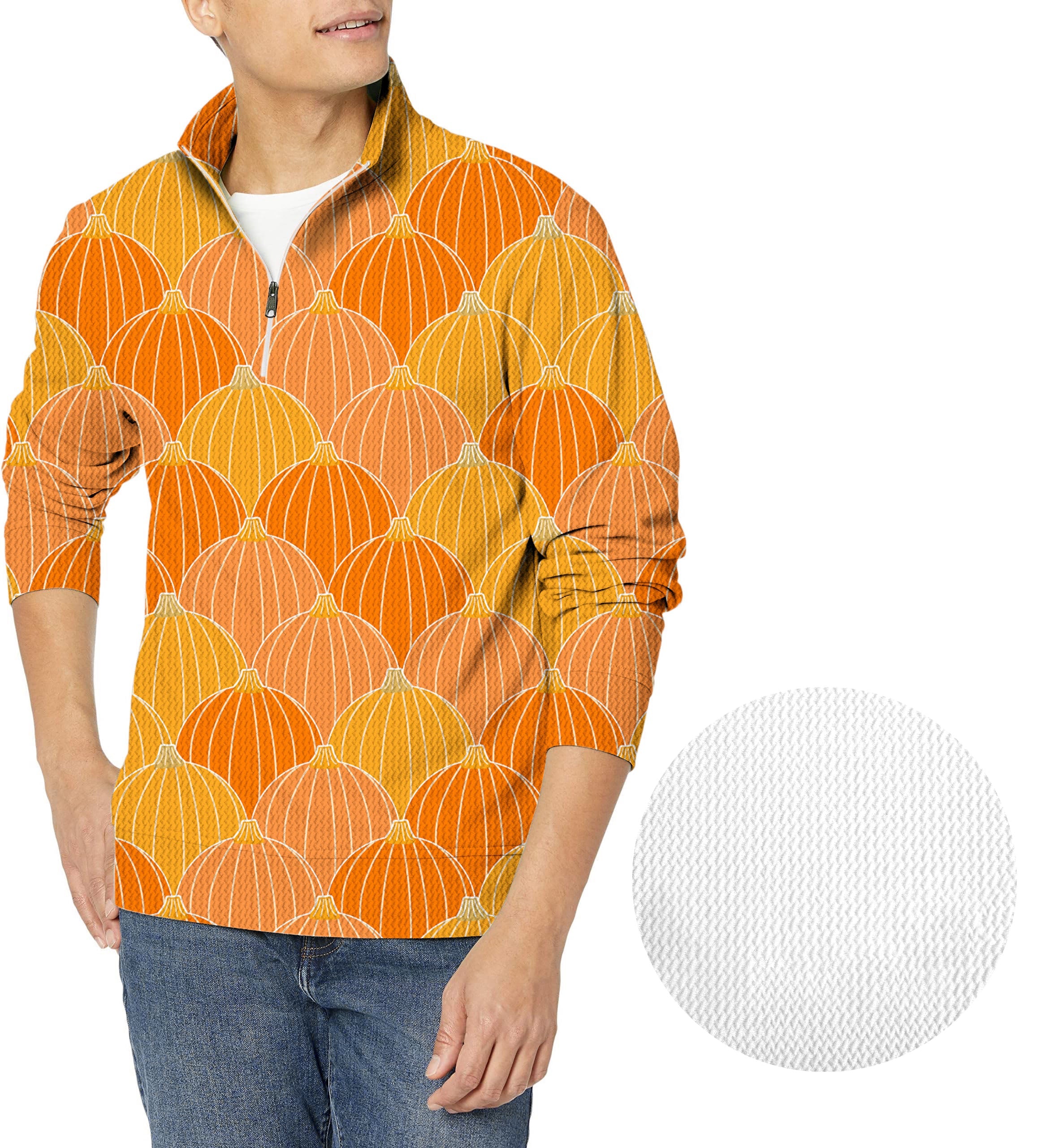 Men's golf pullover with Halloween Thanksgiving pumpkin pattern and waffle texture