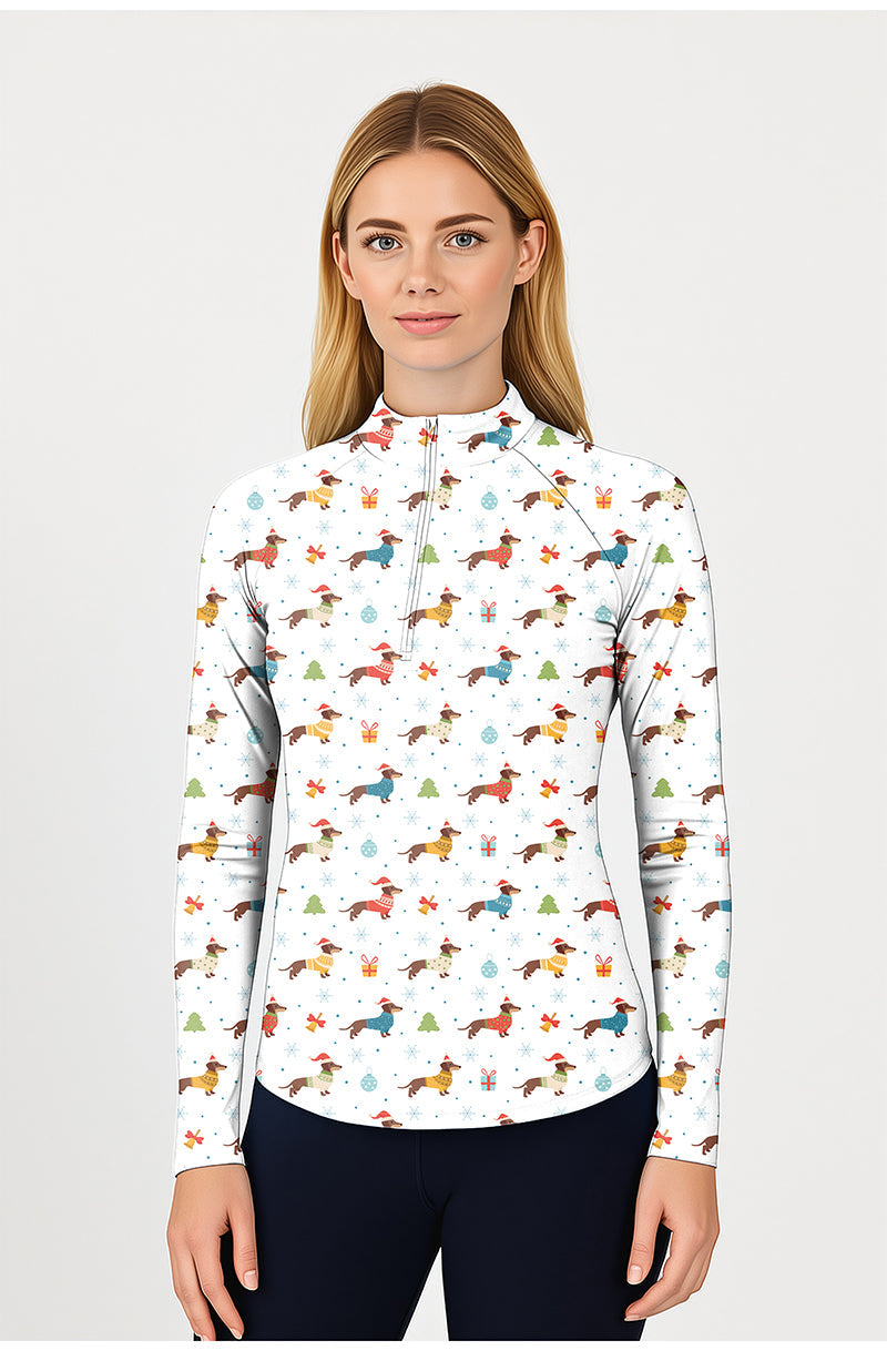 Women's Christmas Dachshund colorful 3/4 zip golf top with long sleeves and lightweight fabric