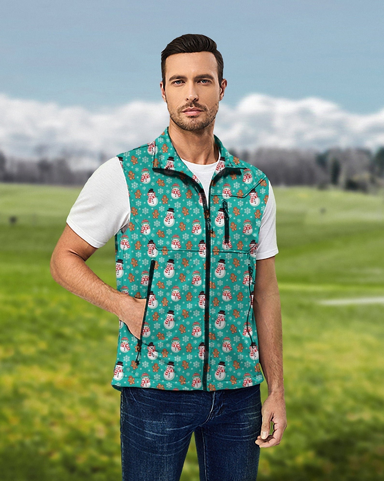 Men's Gingerbread Snowman blue sleeveless softshell vest for golf, windproof and waterproof