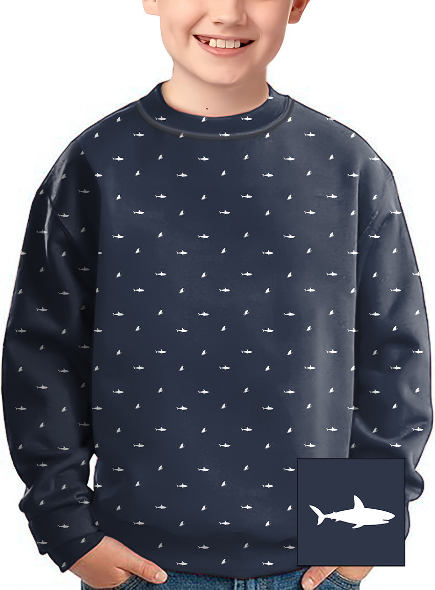 Kids crewneck pullover with white shark and fin pattern on dark background