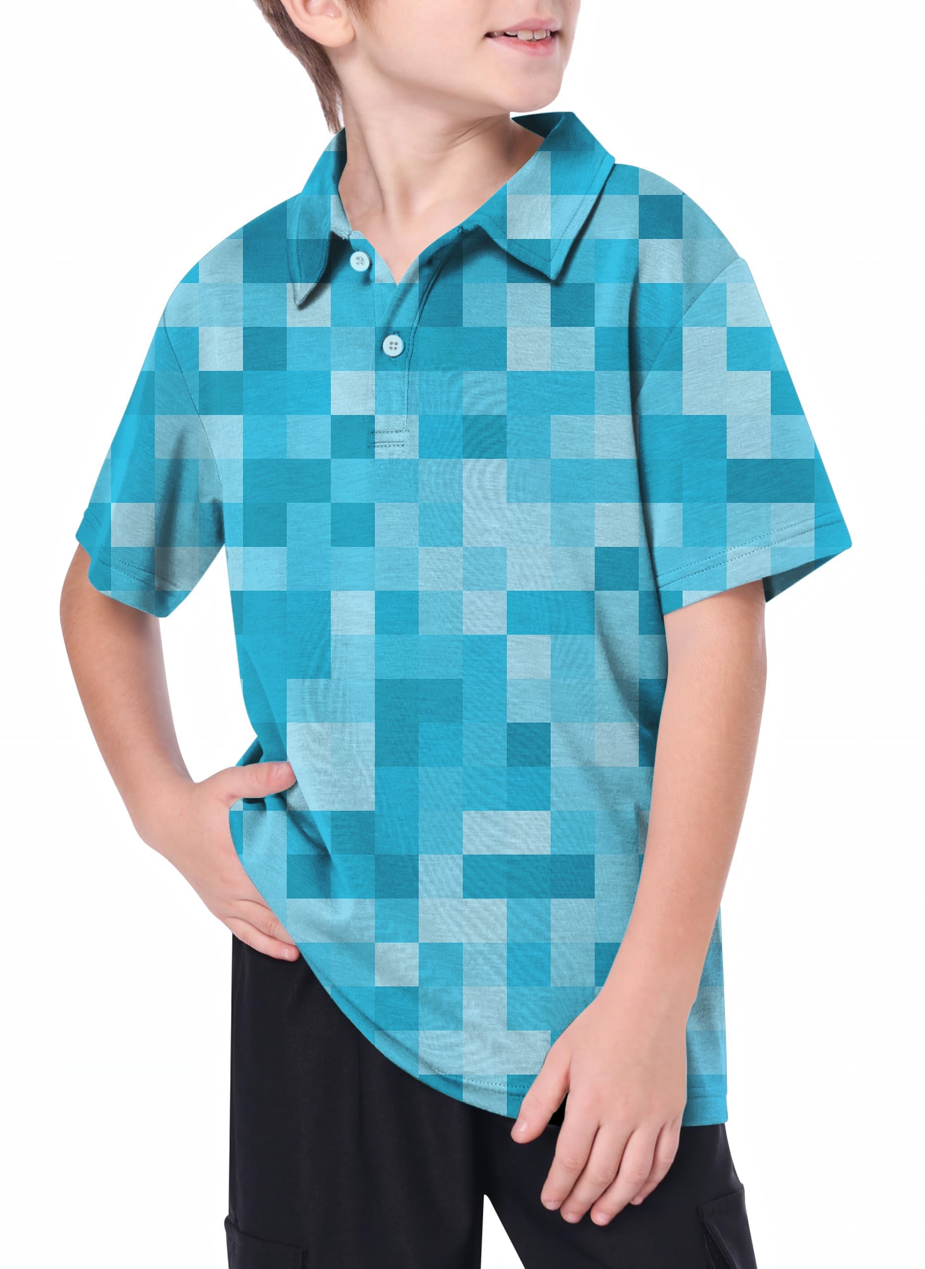 Youth Blue Pixel Big Golf Polo with 4-way stretch and UPF 40+ for youth kids