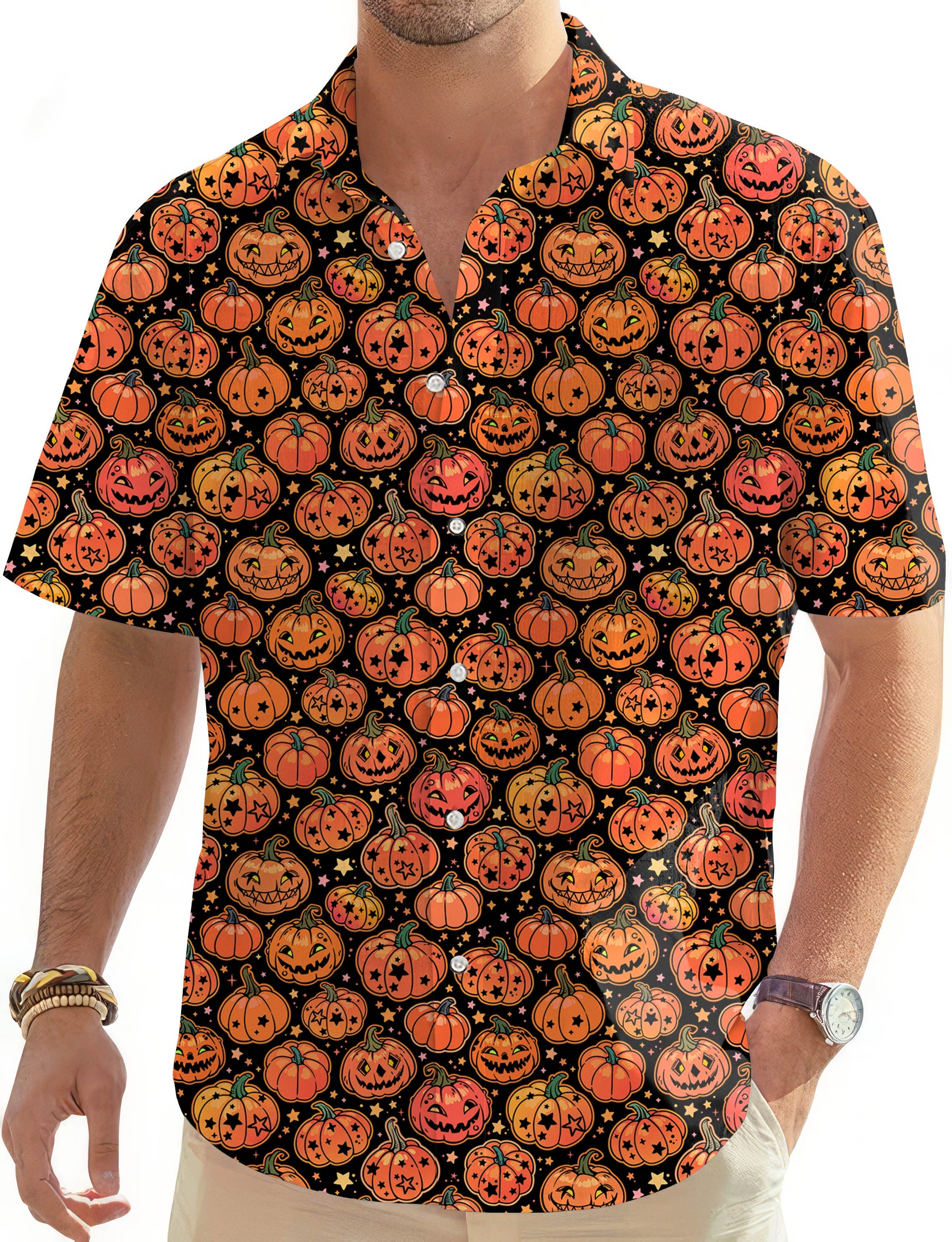Men's Halloween Star Pumpkin patterned Hawaiian shirt with button-down collar and short sleeves