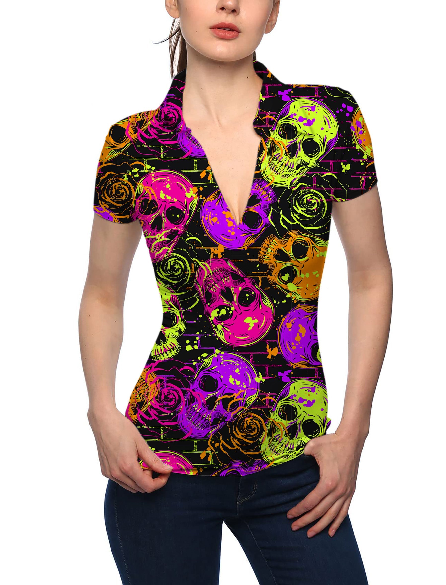 Women's Halloween colors skull V neck golf polo shirt with vibrant skull and rose pattern