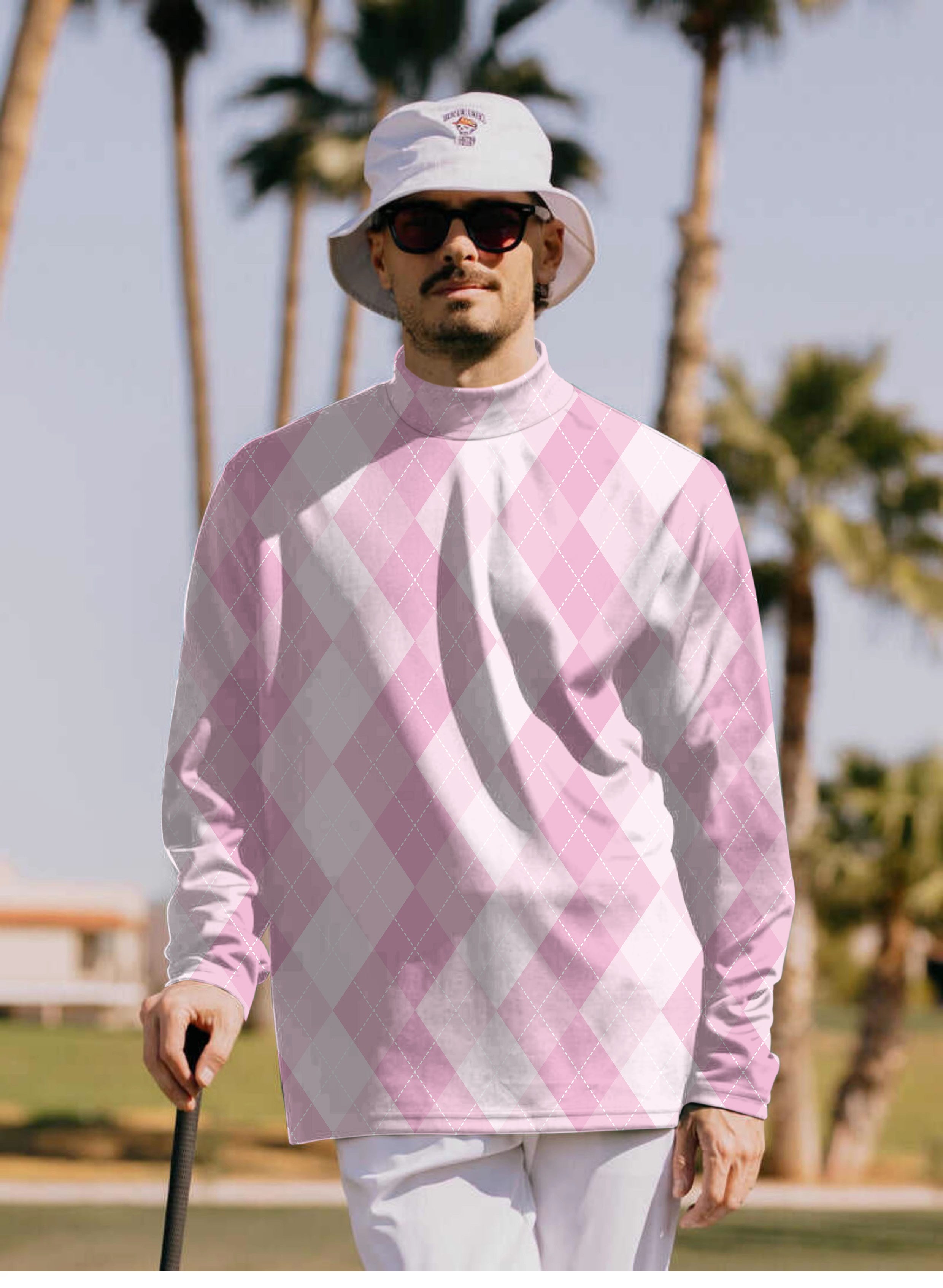 Men's pink Argyle Pullover High neck Long/Short sleeve T-Shirt