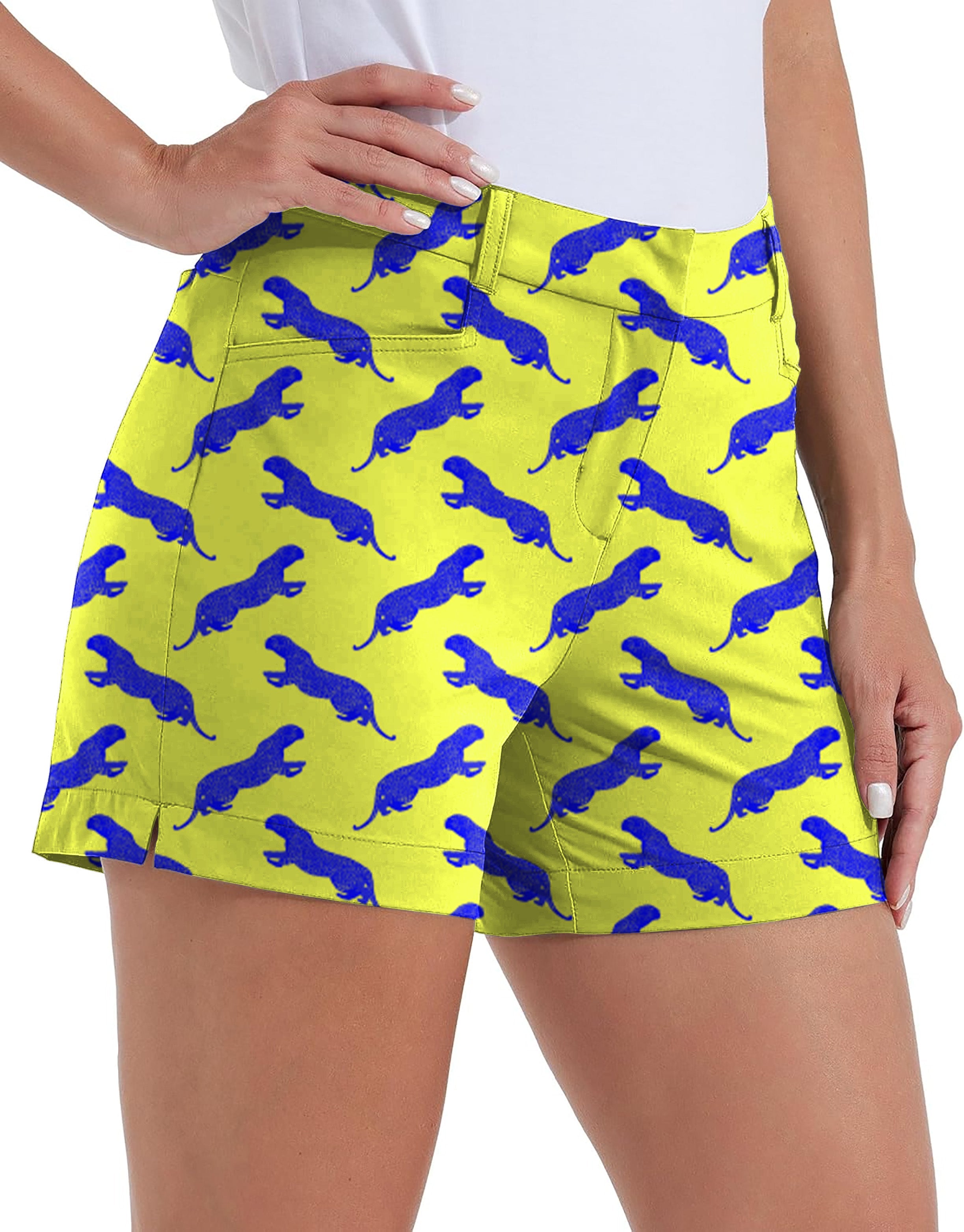 women's quick-drying yellow golf shorts with blue leopard own logo pattern and pockets