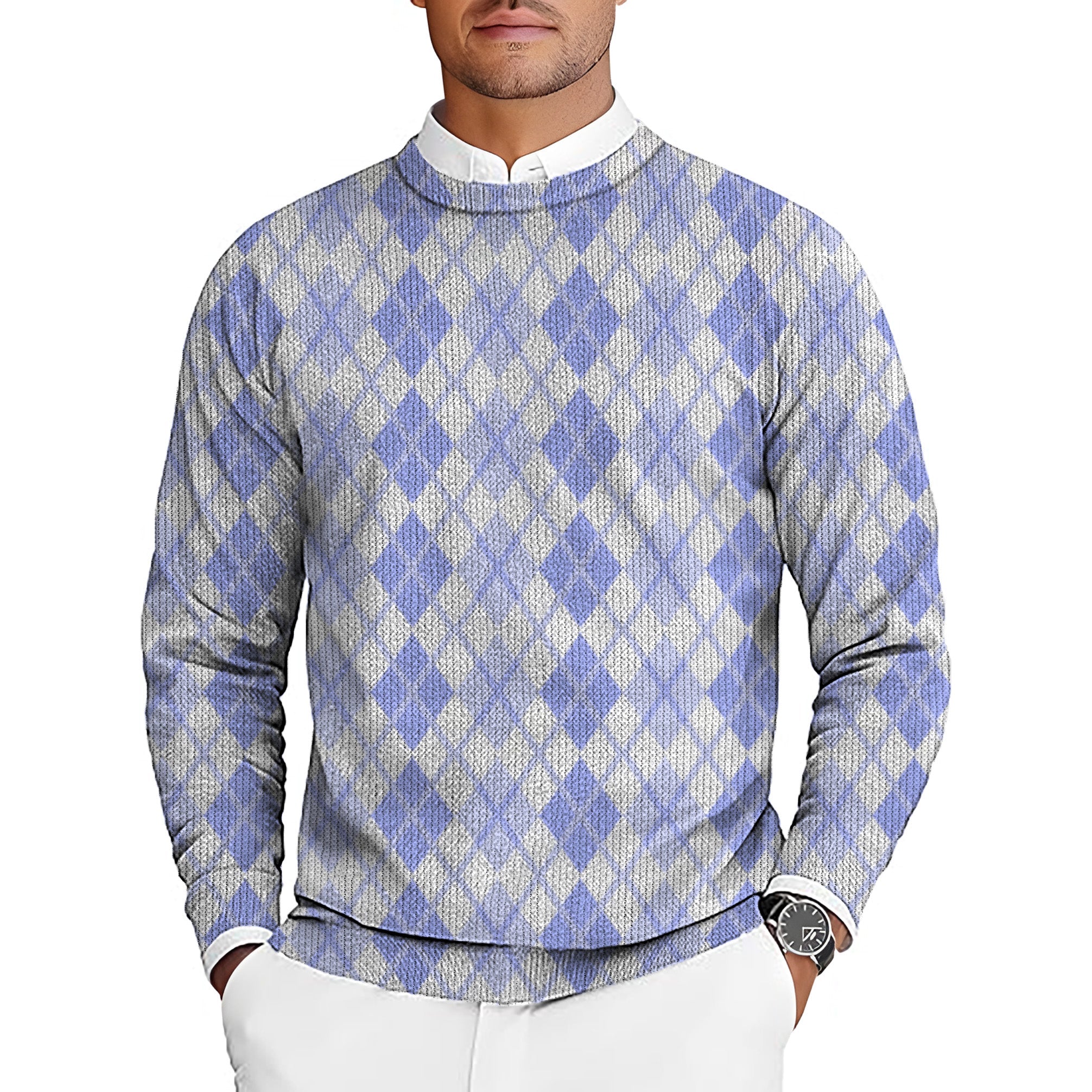 Men's Argyle purple grid crewneck pullover sweater for golf tournaments
