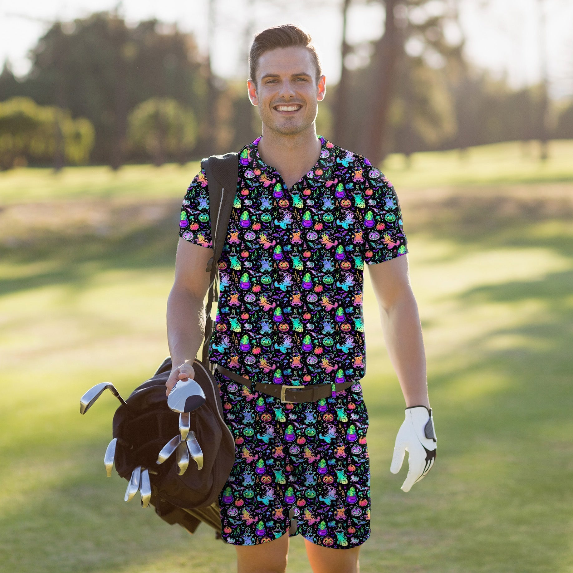 Men's golf set Polo and shorts with Halloween constellation cat pattern, breathable and stretchy golf outfit