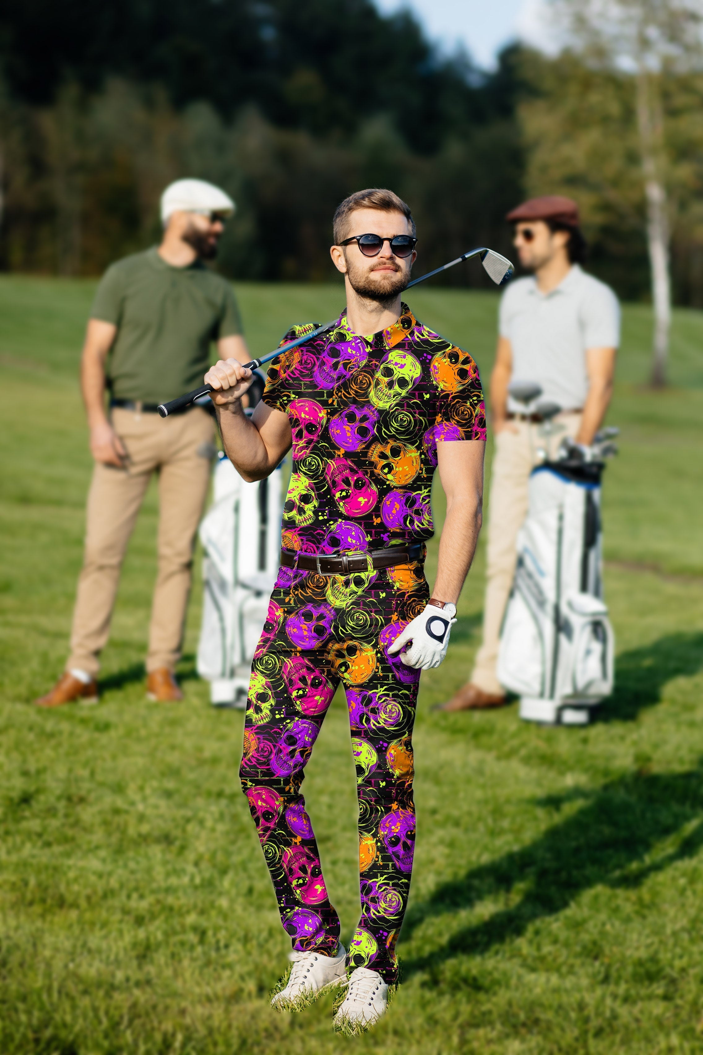 Men's golf set with Halloween colors and skull design, four-way stretch, moisture-wicking, wrinkle-resistant fabric, and UPF 40+ protection.