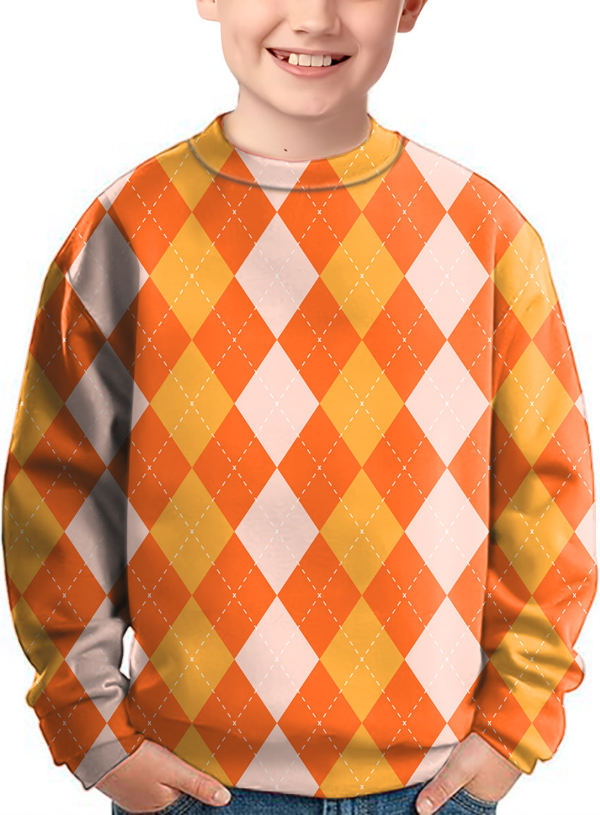 Kids Halloween orange apricot argyle crewneck pullover ugly sweater