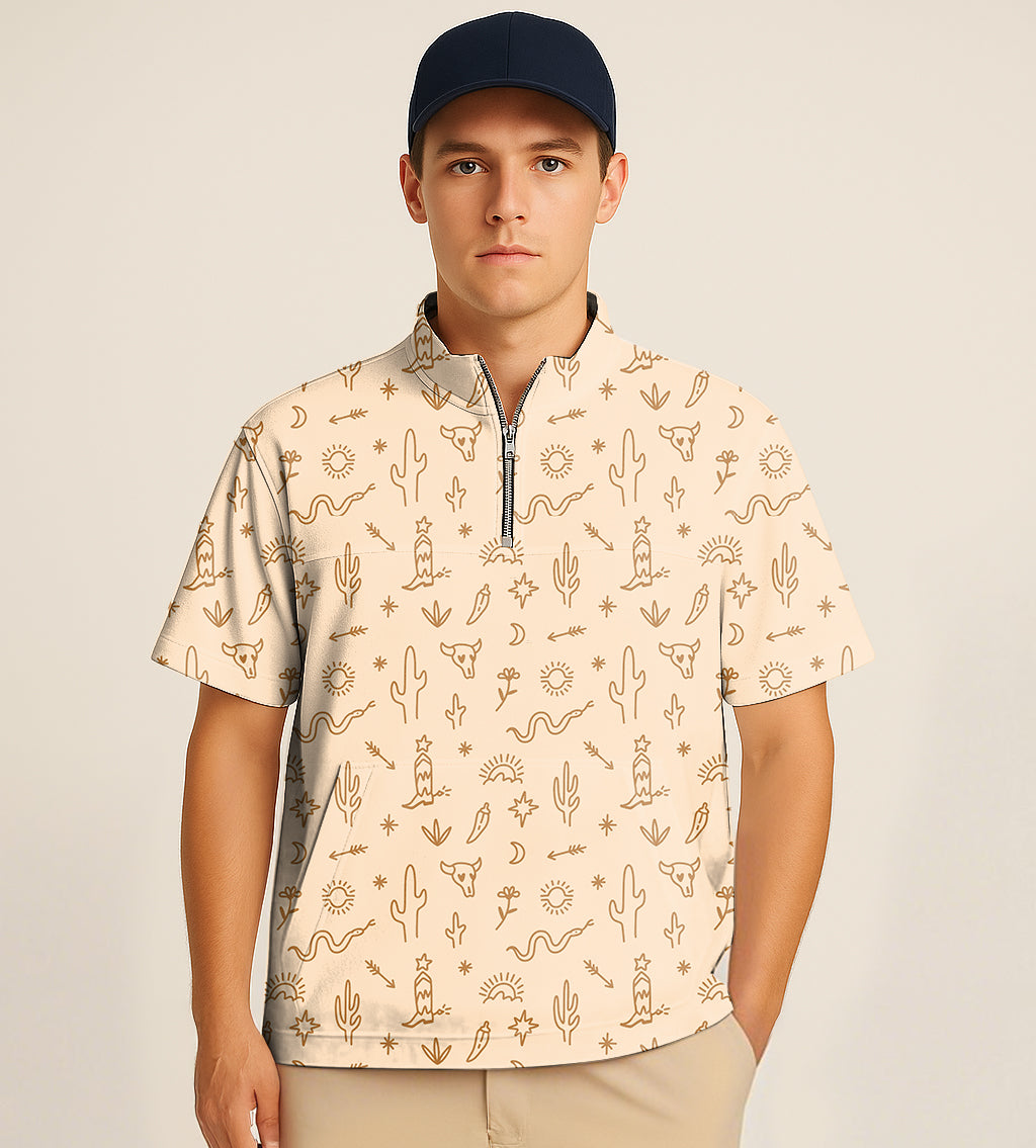 Men's half zipper turtleneck golf shirt with western embroidery and short sleeves