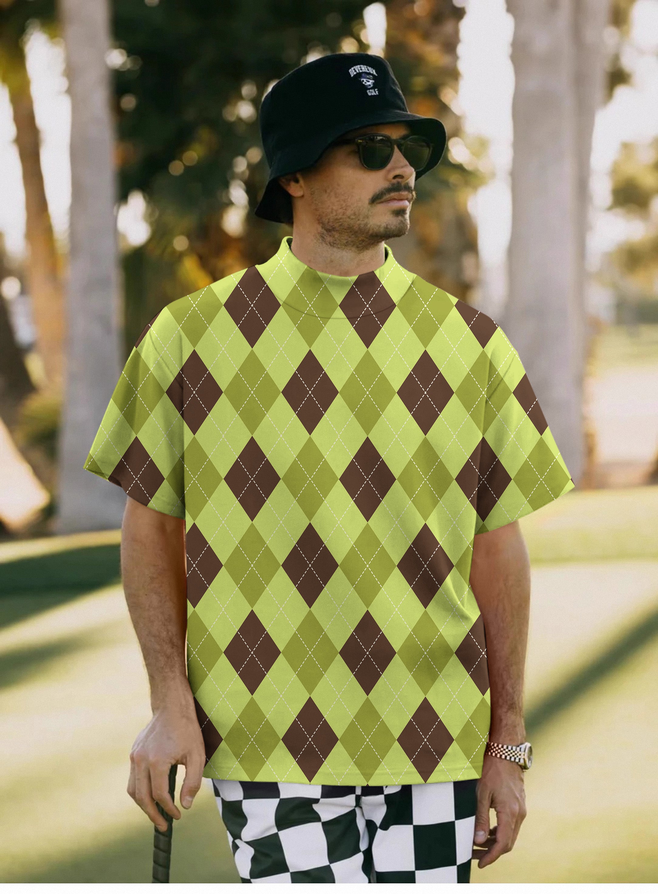 Men's Yollow Argyle Pullover High neck Long/Short sleeve T-Shirt