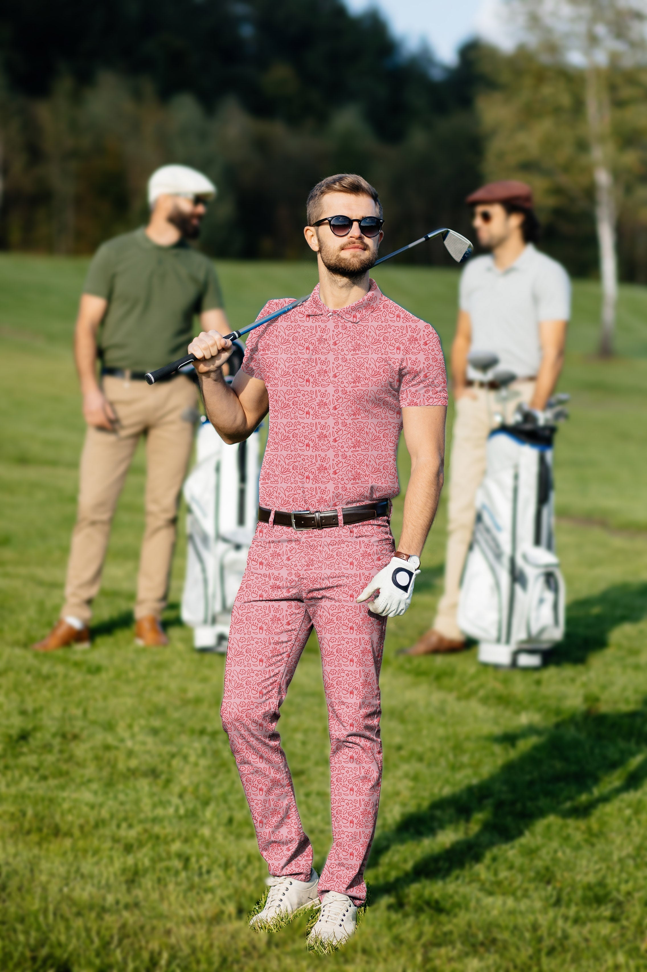 Men's golf set with simple pink flower drawing polo and pants made from high-end moisture-wicking, wrinkle-resistant fabric with UPF 40+ protection and four-way stretch.